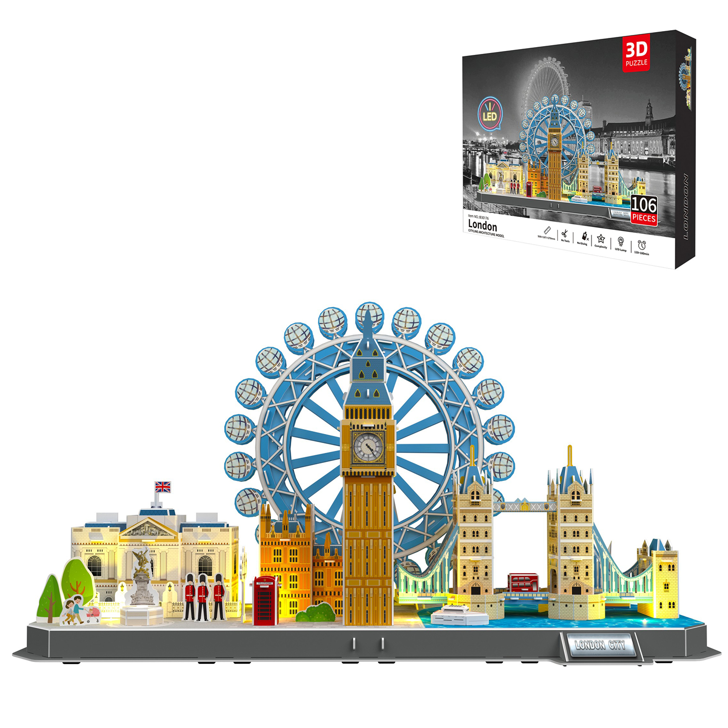 Puzzle 3D di monumenti londinesi: Big Ben, London Eye, Tower Bridge.