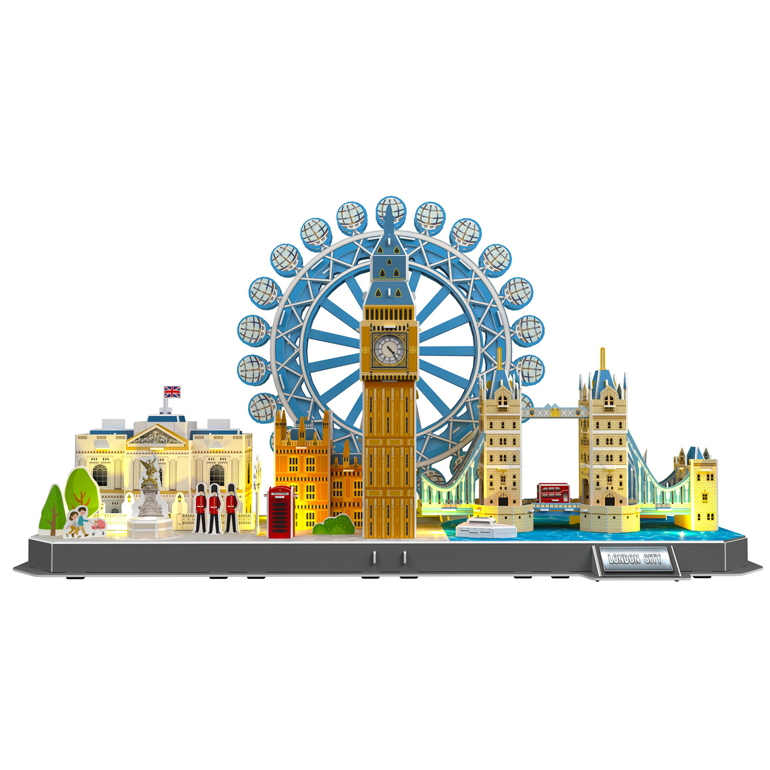 Modello skyline di Londra con Big Ben, London Eye e Tower Bridge.