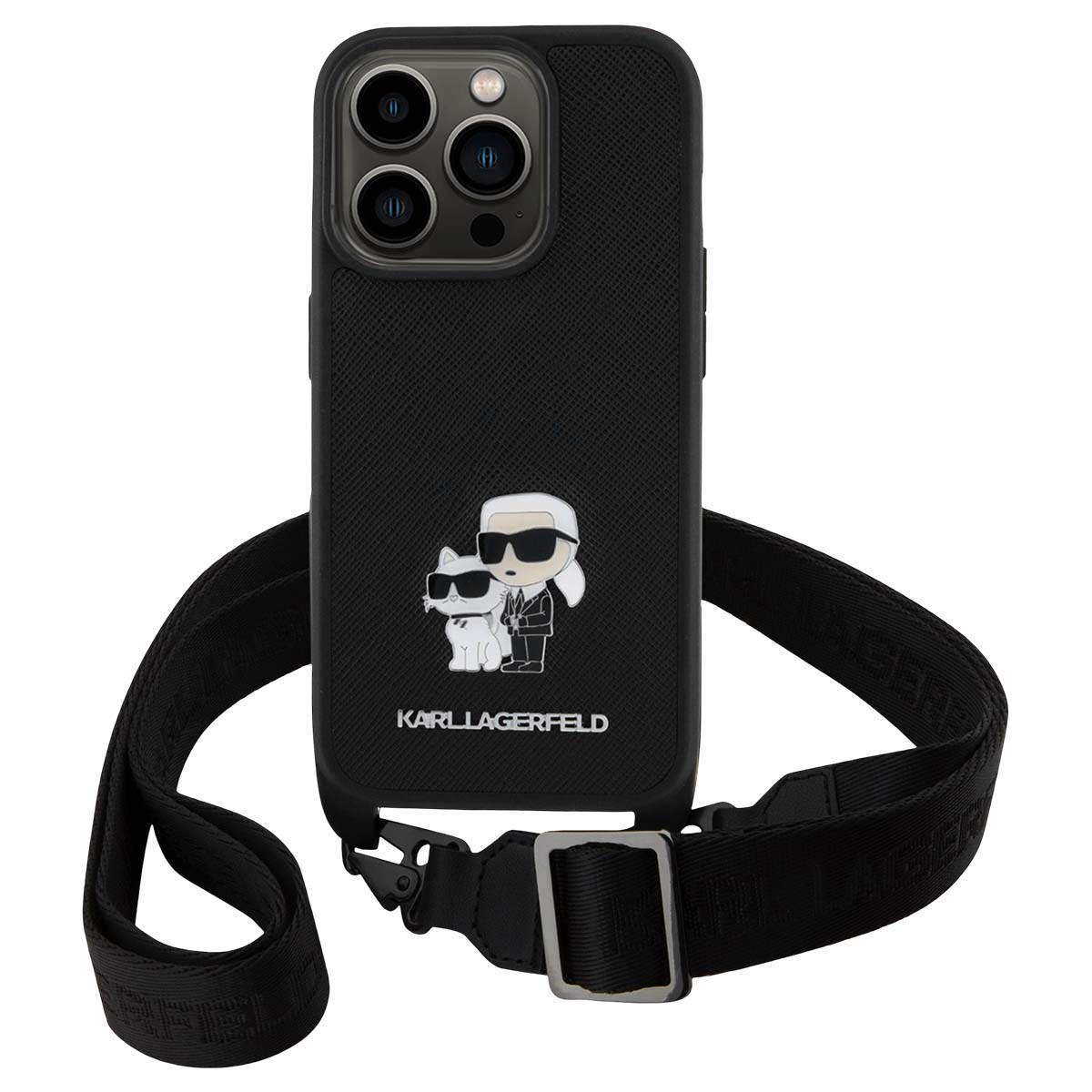 Custodia nera per telefono con design Karl Lagerfeld e tracolla.