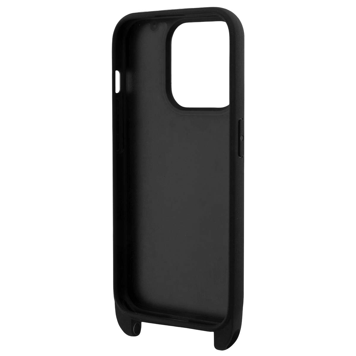 Custodia nera per iPhone con ritaglio fotocamera e pulsanti laterali.