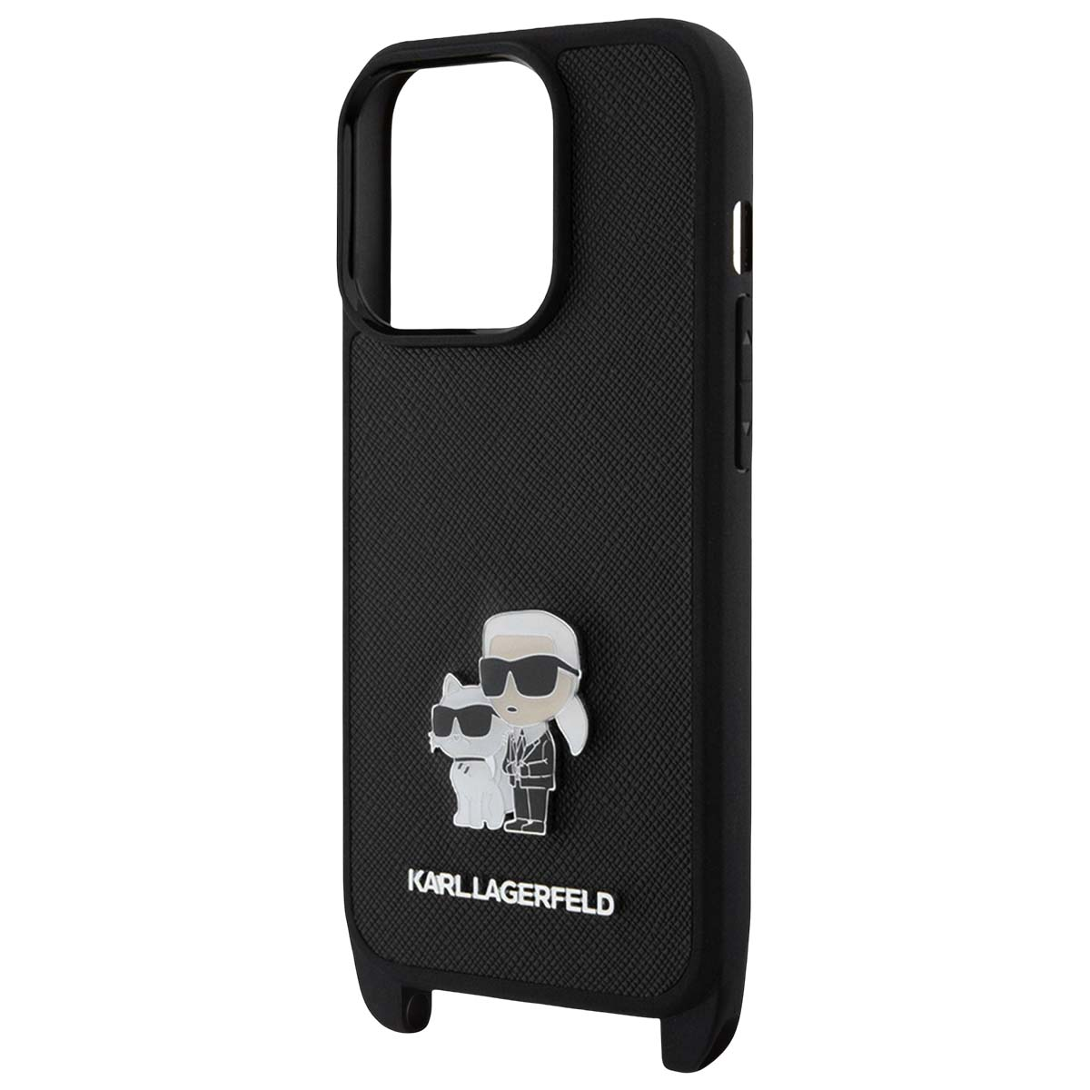Custodia nera per iPhone con Karl Lagerfeld e gatto, testo in basso.