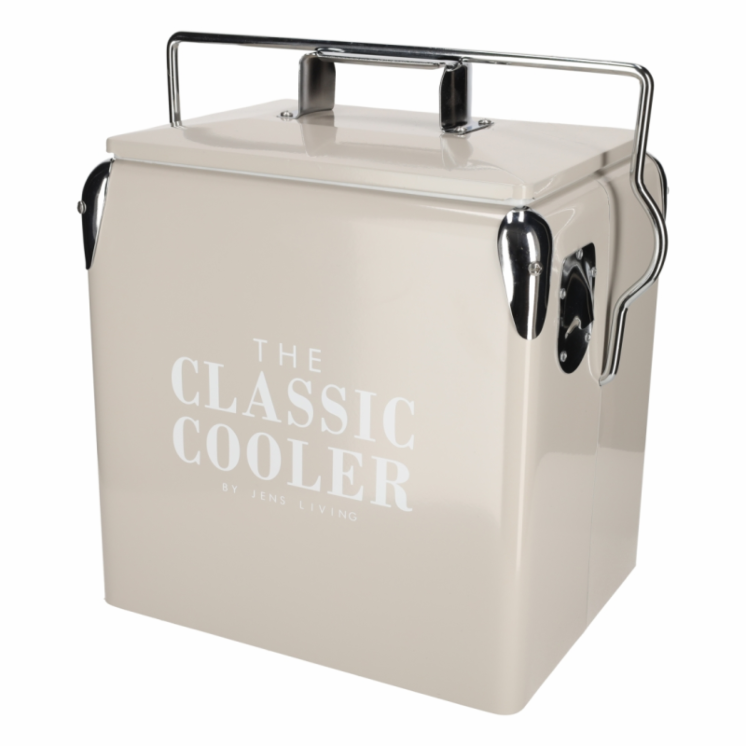 Beige koelbox met zilveren handvat en beslag, tekst 'The Classic Cooler'.