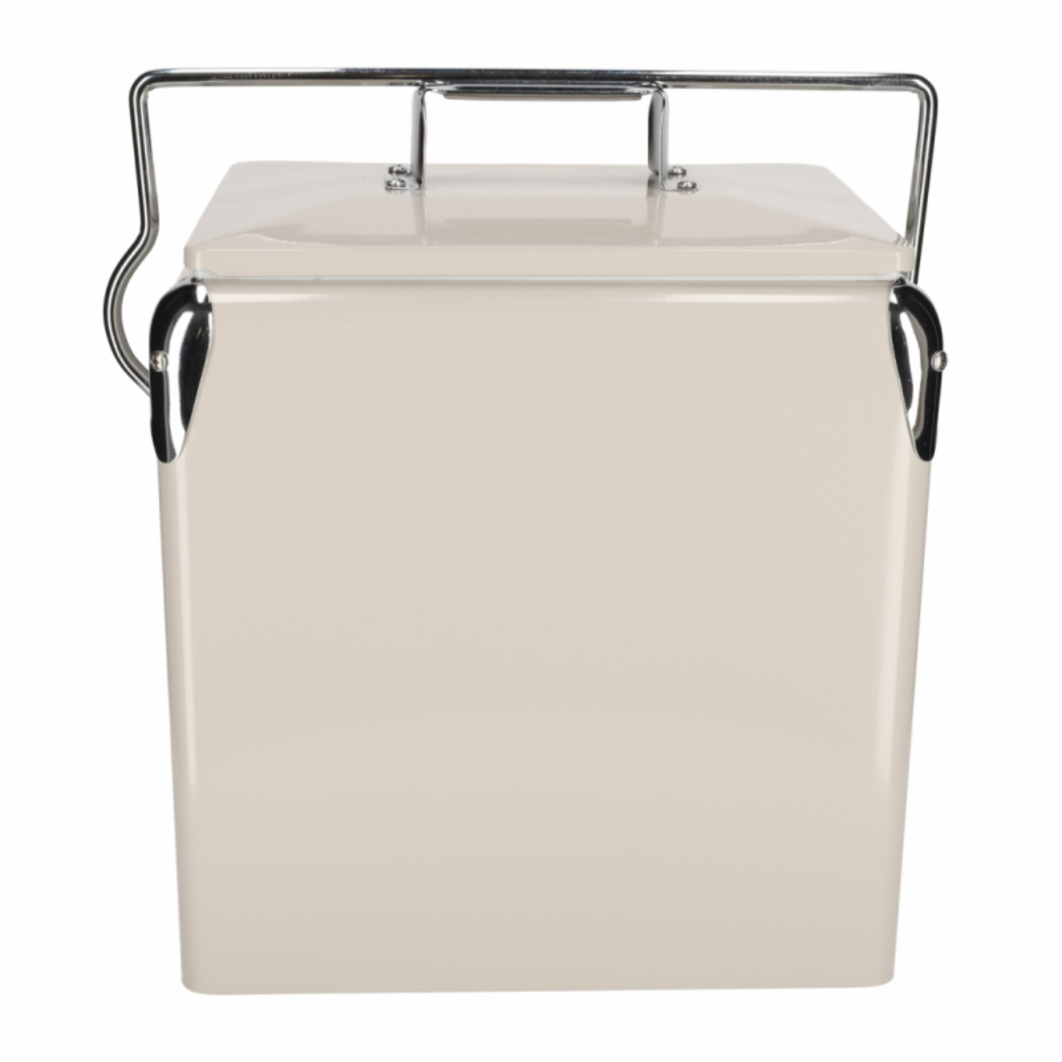 Een crème metalen koelbox met zilverkleurig handvat en grendels.