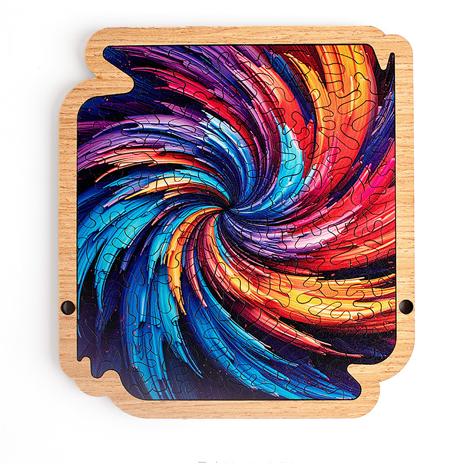 Puzzle in legno con un motivo vorticoso di vibranti colori blu, rosso e giallo.