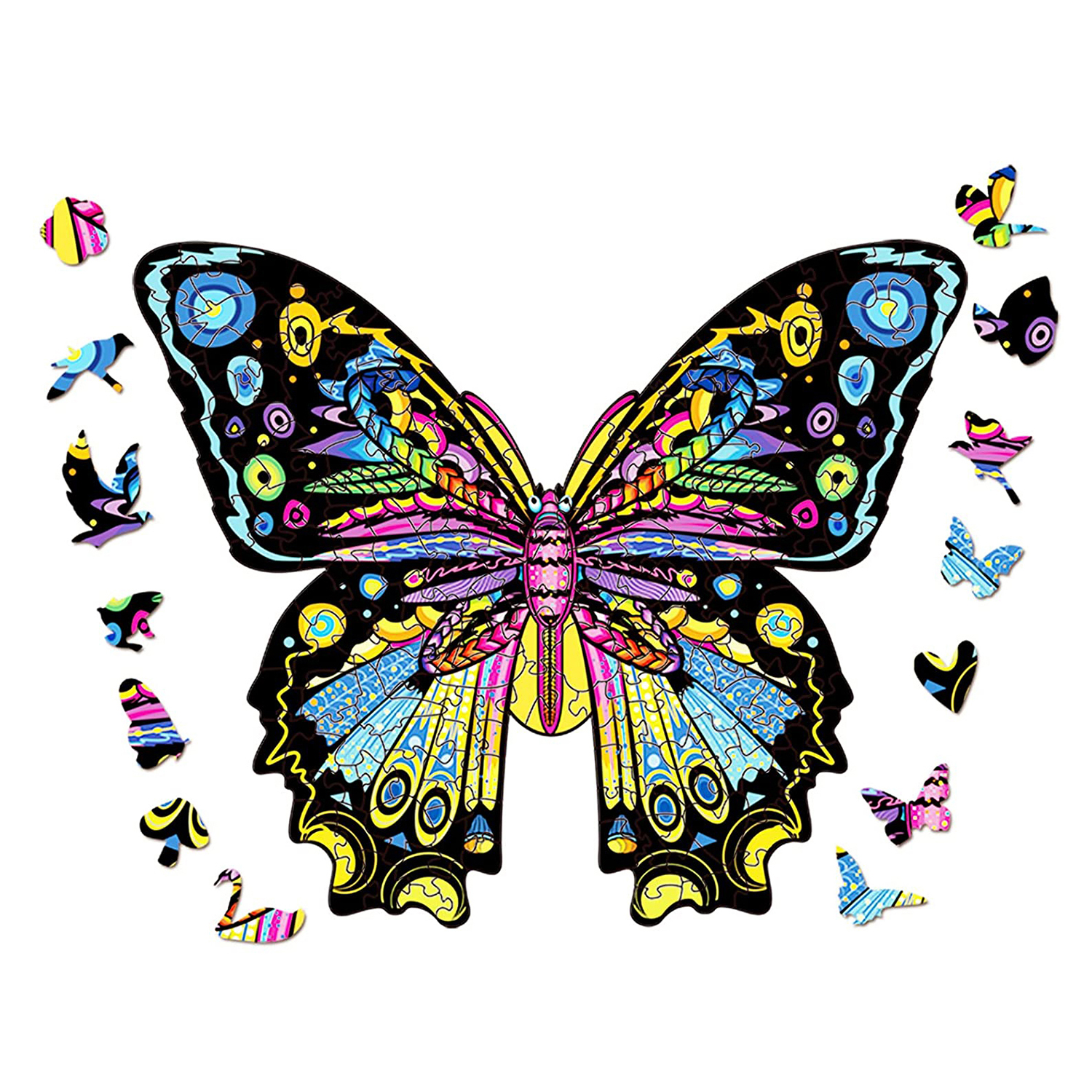 Pezzi colorati di puzzle a farfalla circondano una grande farfalla dal design intricato.