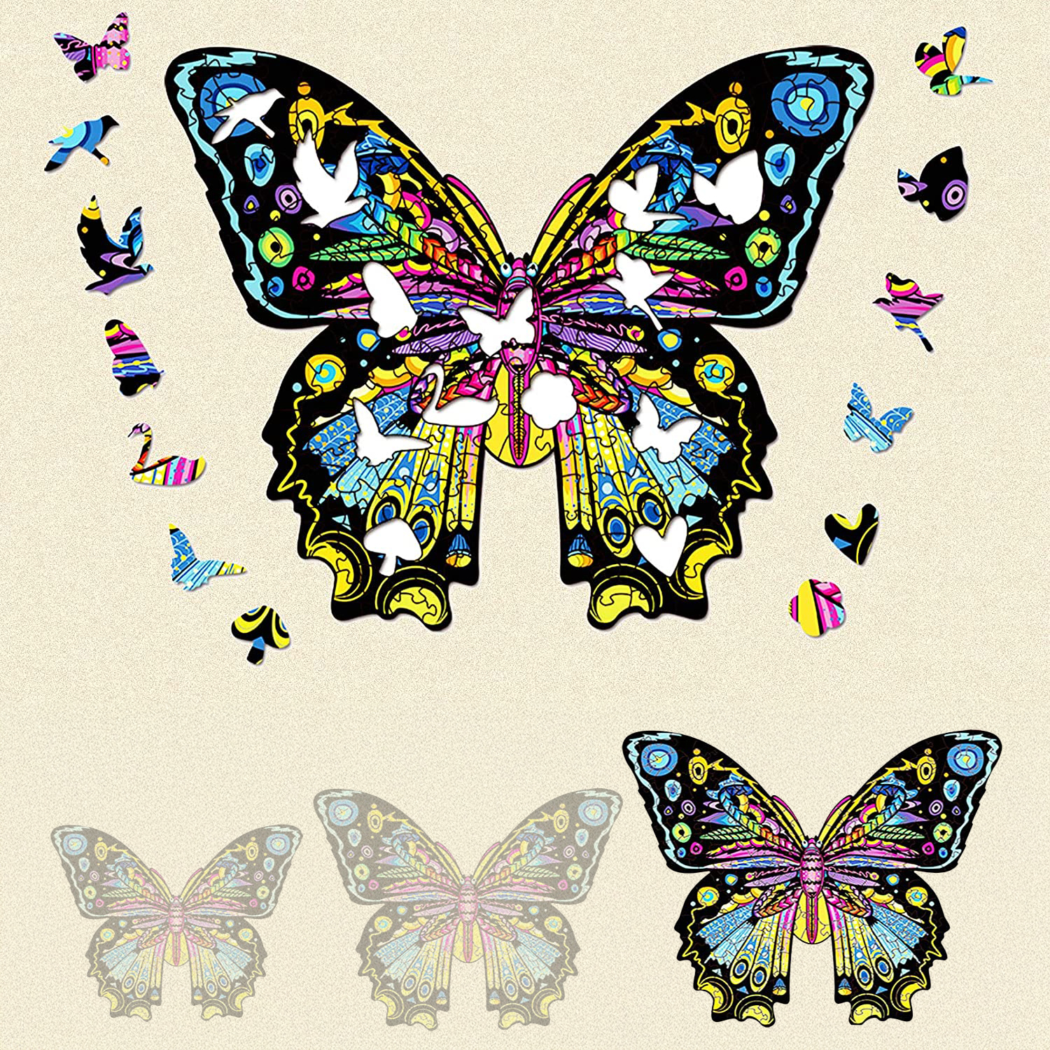 Farfalle colorate puzzle su sfondo beige, alcune piccole, una grande.
