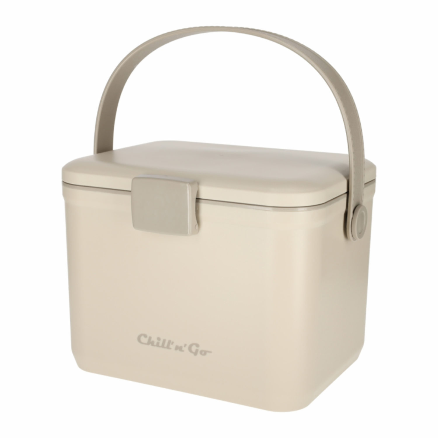Beige koelbox met handvat en sluiting, gelabeld 'Chill'n'Go'.