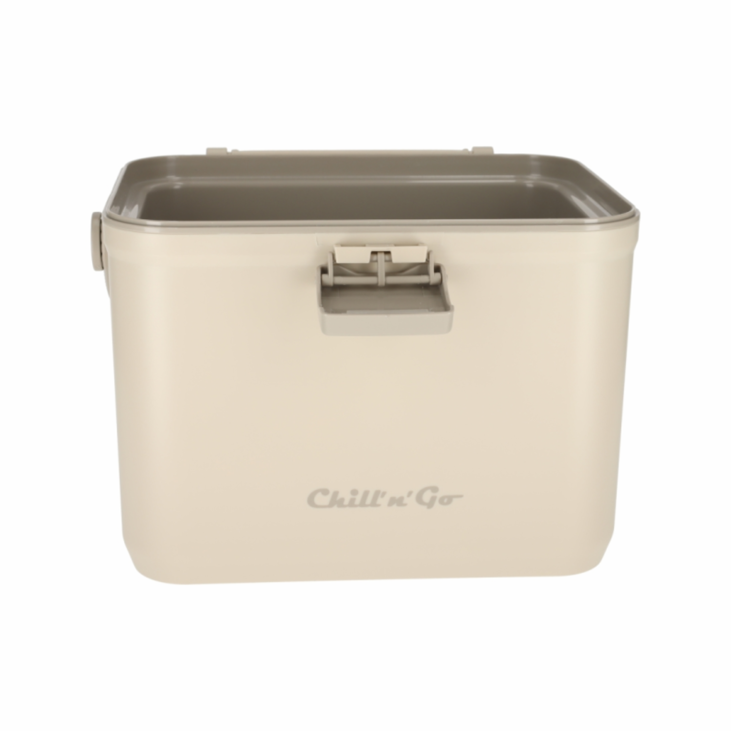 Beige koeltas met grijs deksel en clipsluiting. Chill'n'Go logo.
