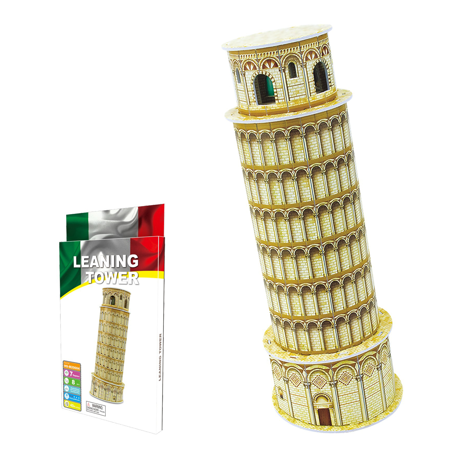 Il puzzle 3D della Torre Pendente e la sua confezione con la bandiera italiana.