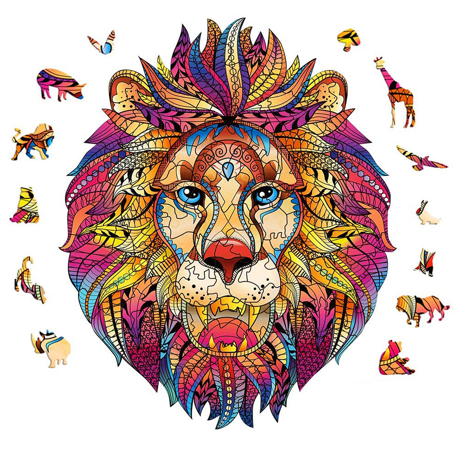 Un puzzle di leone colorato con motivi animali su sfondo bianco.