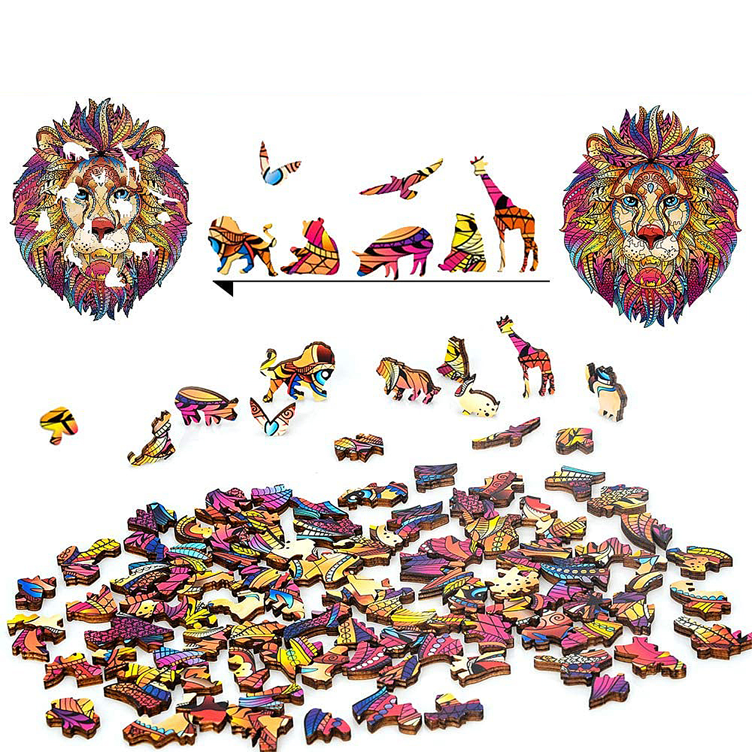 Puzzle in legno colorati di animali e testa di leone sparsi.