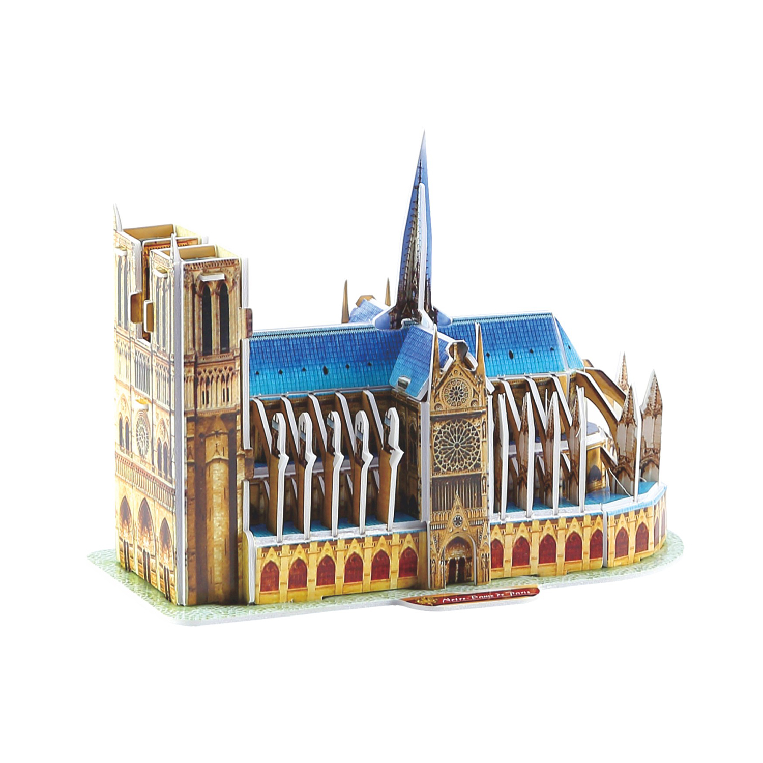 Modello 3D della Cattedrale di Notre Dame a Parigi, con tetti blu e facciate gialle.