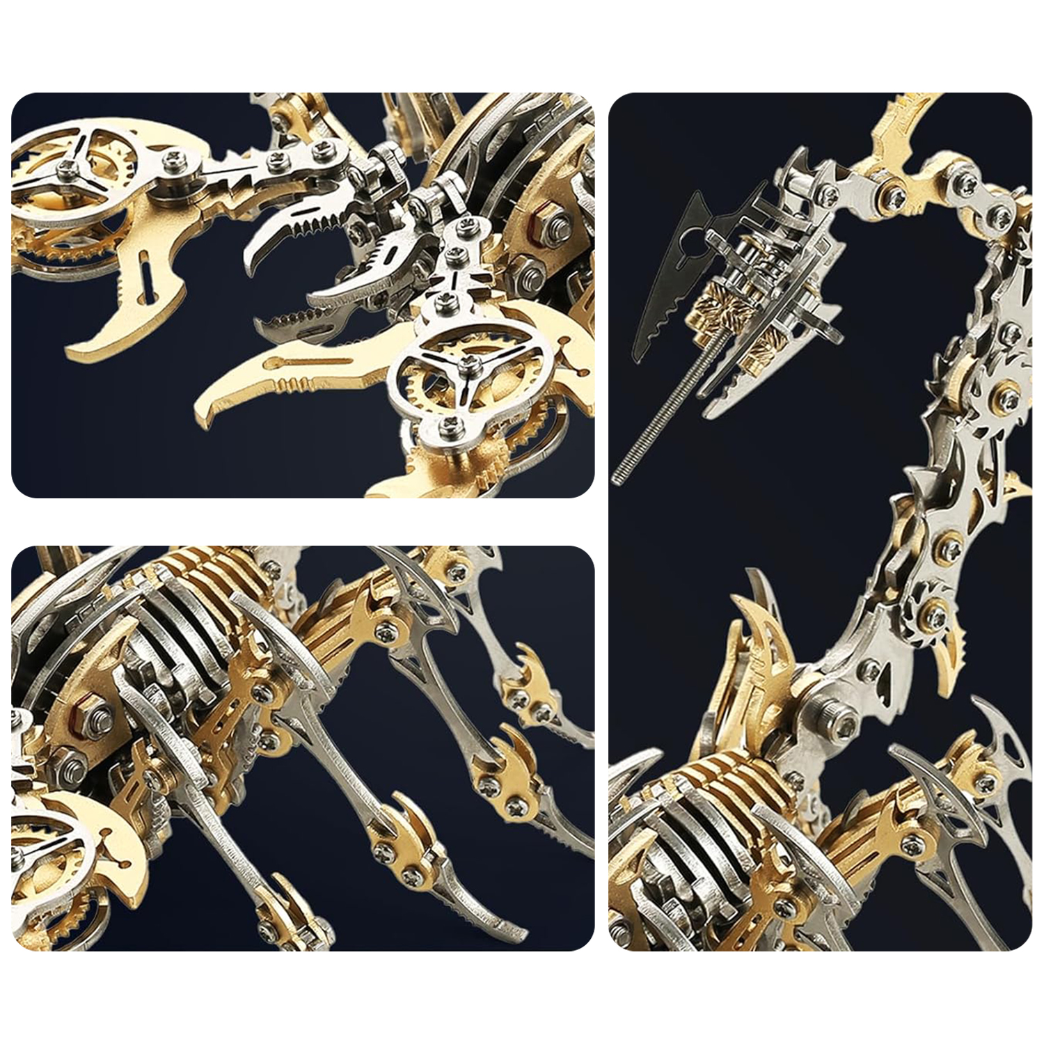 Un modello di scorpione meccanico in metallo con ingranaggi dorati e argentati.