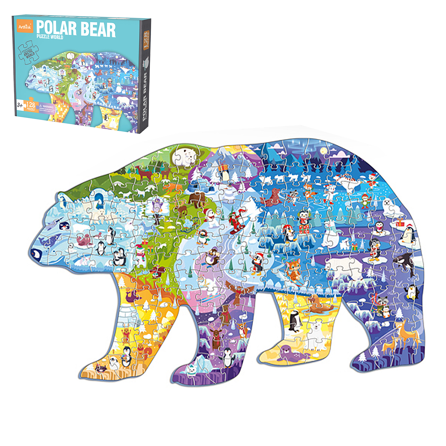 Un puzzle a forma di orso polare con animali artici e scene in vari colori.