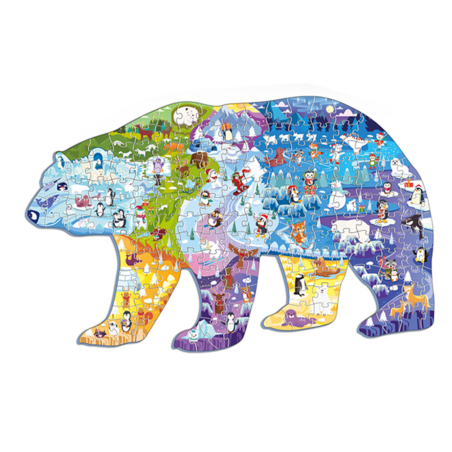 Un puzzle a forma di orso polare con animali e scene artiche.