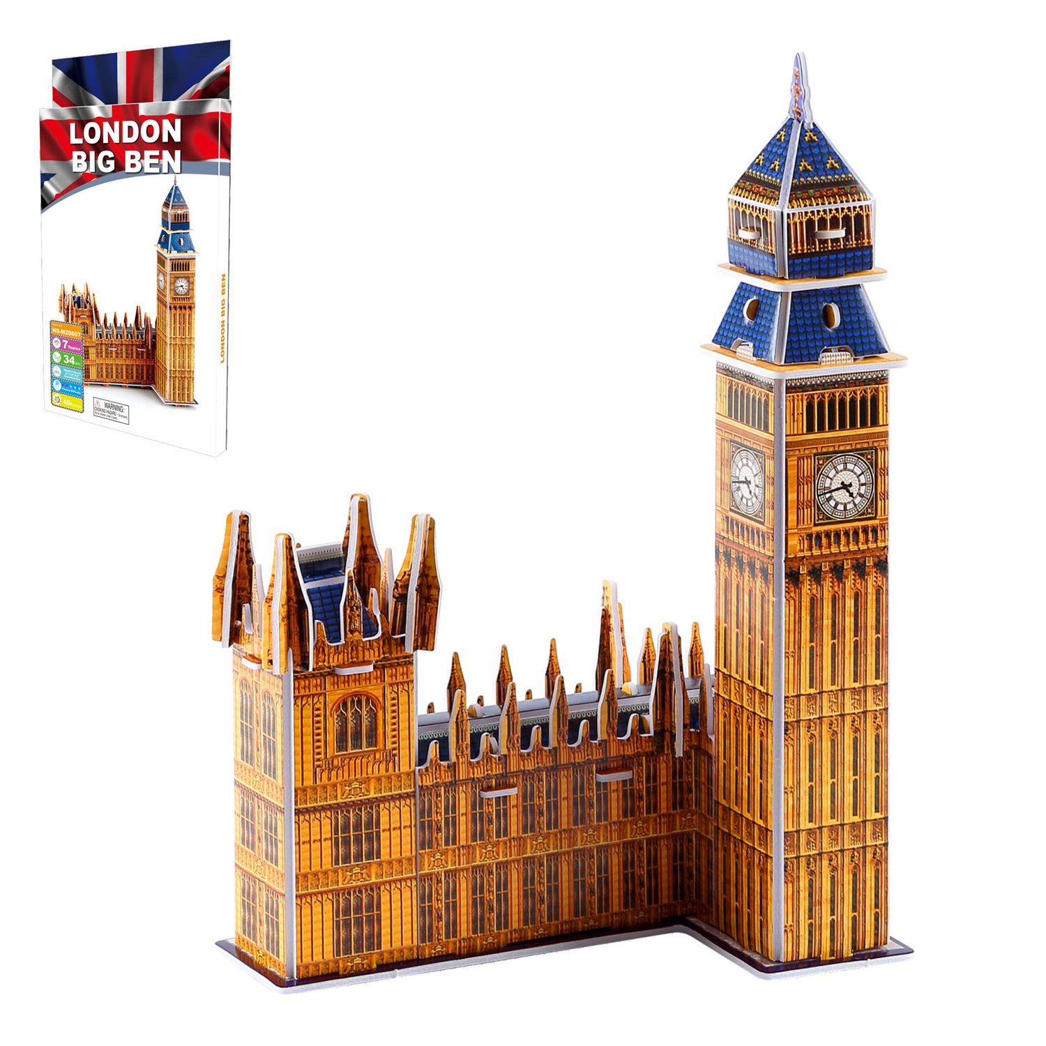 Puzzle 3D del Big Ben di Londra con Union Jack sulla confezione.