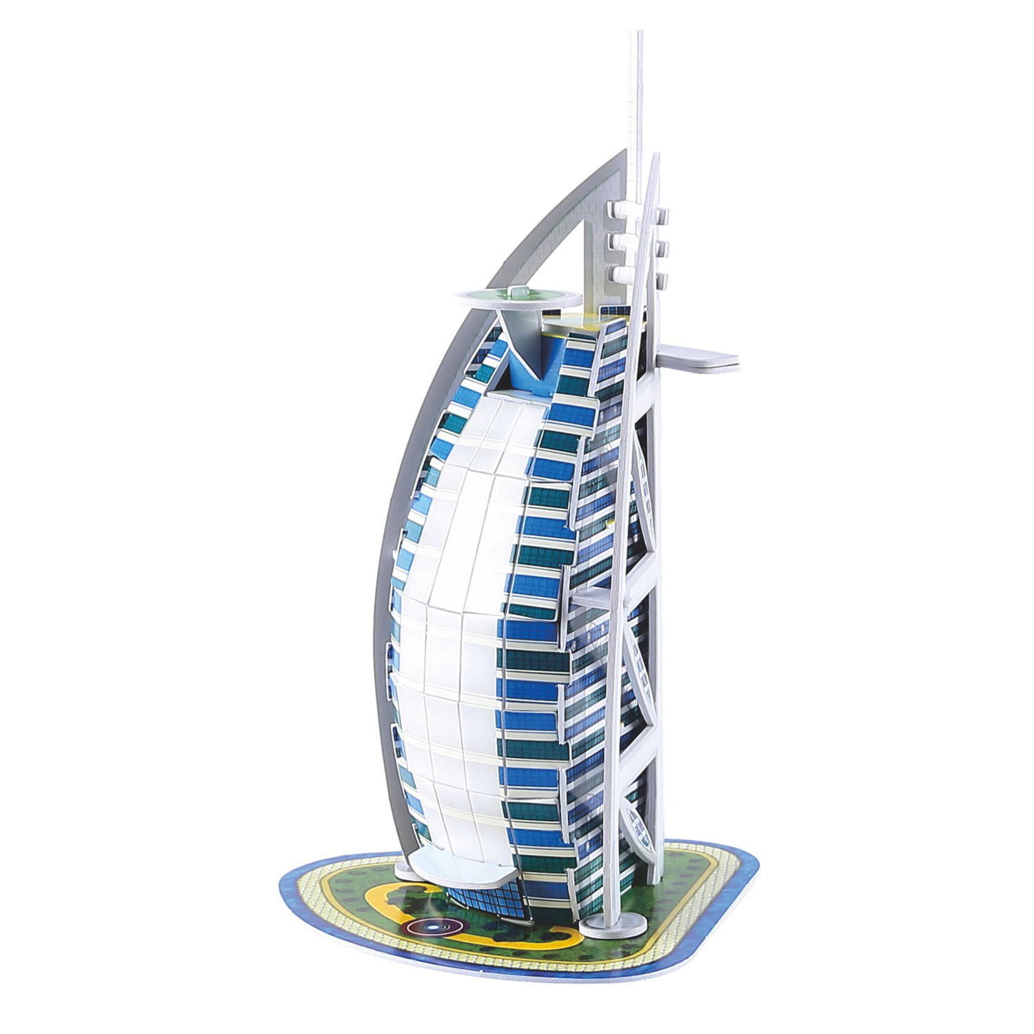 Un modello puzzle 3D dell'hotel Burj Al Arab, con finestre blu e bianche.
