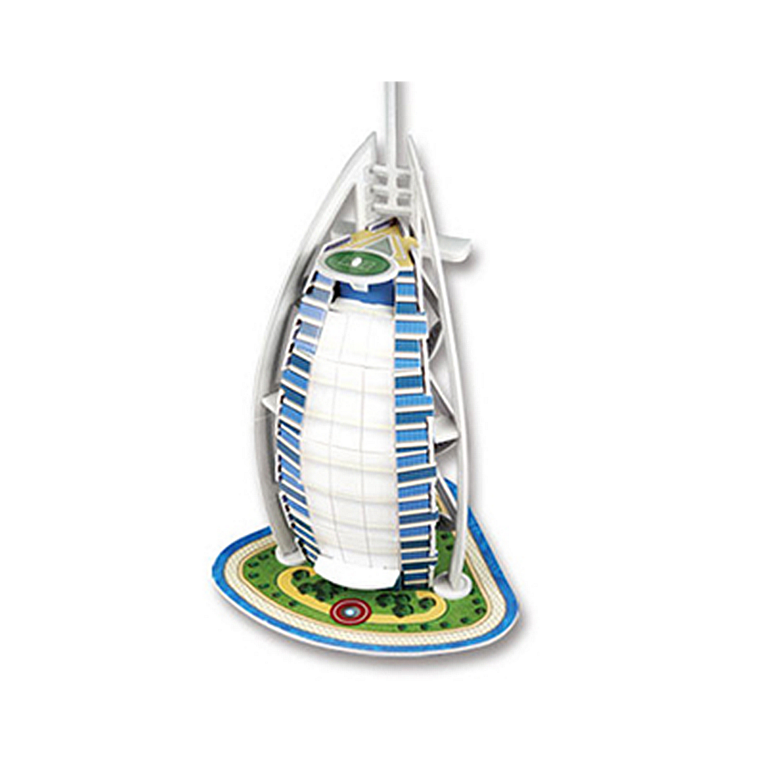 Un modello 3D dell'hotel Burj Al Arab con elementi blu e bianchi e una base verde.