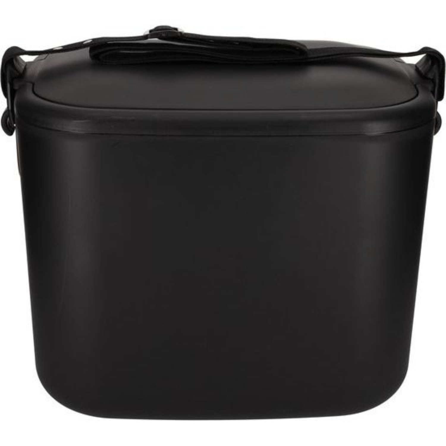 Zwarte tas met handvat en schouderband, vooraanzicht.