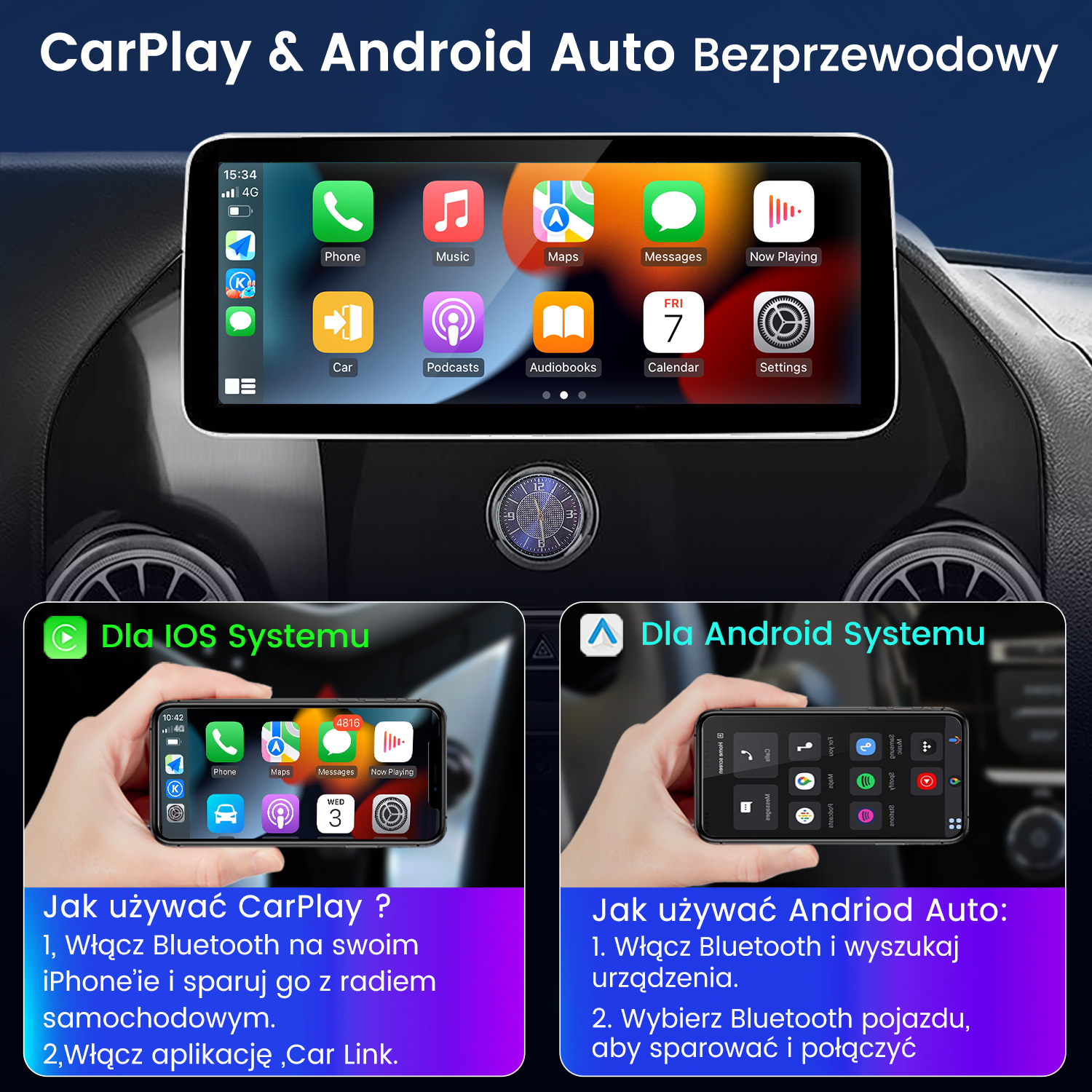 Ekran systemu infotainment samochodu wyświetla CarPlay i Android Auto.