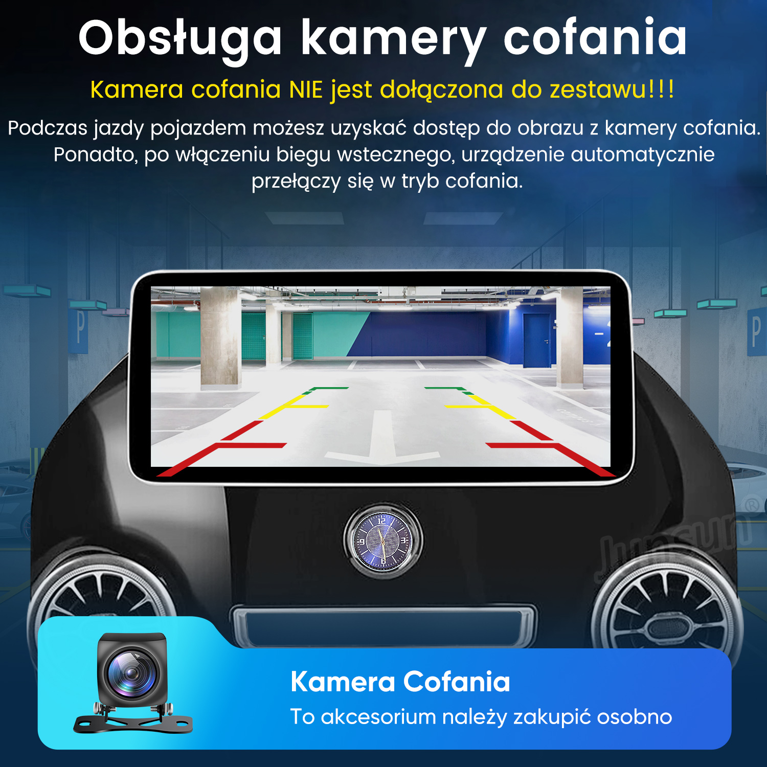 Obsługa kamery cofania. Kamera nie jest dołączona. Widok w garażu.