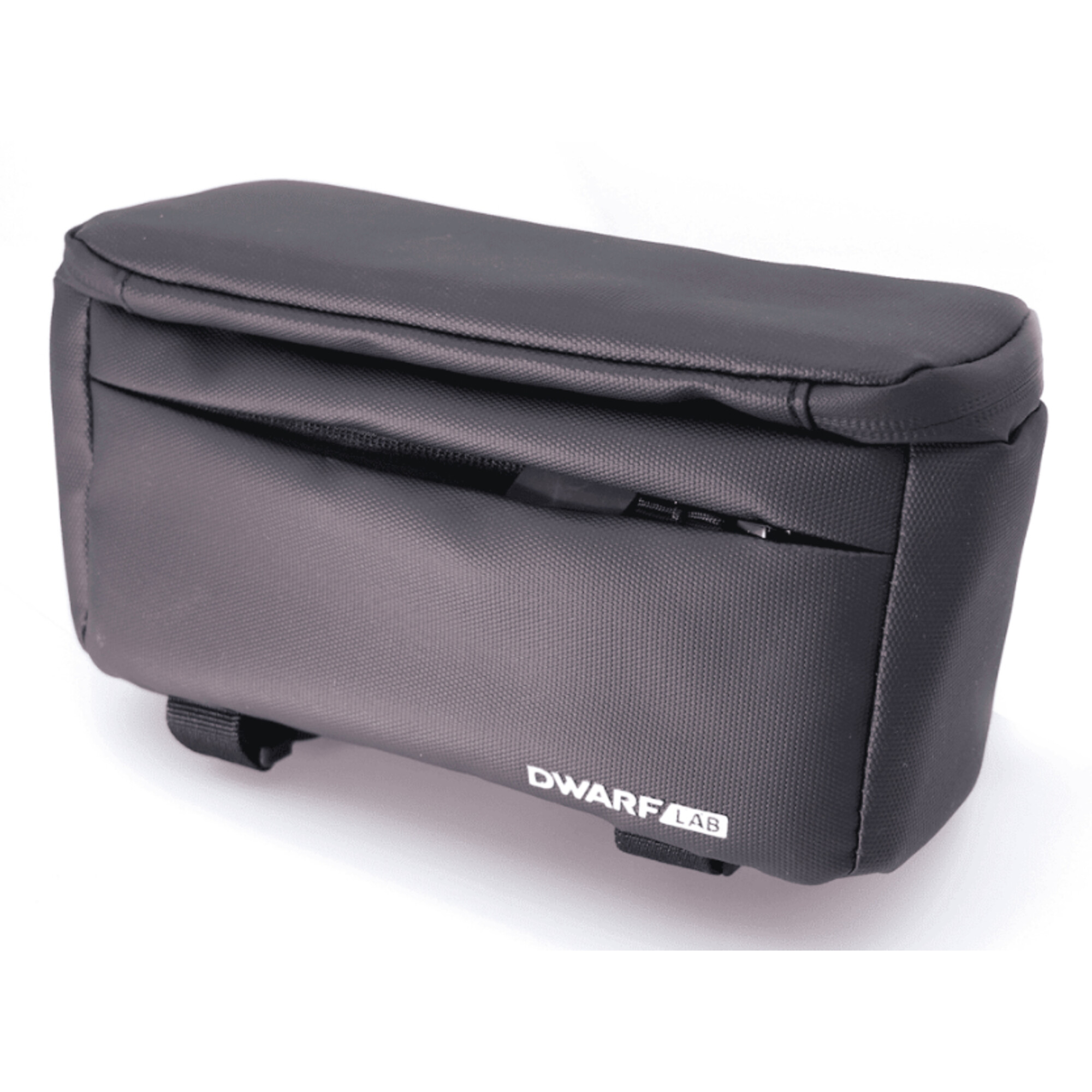 Schwarze Fahrradtasche mit Reißverschluss und „DWARFLAB“-Logo auf weißem Hintergrund.