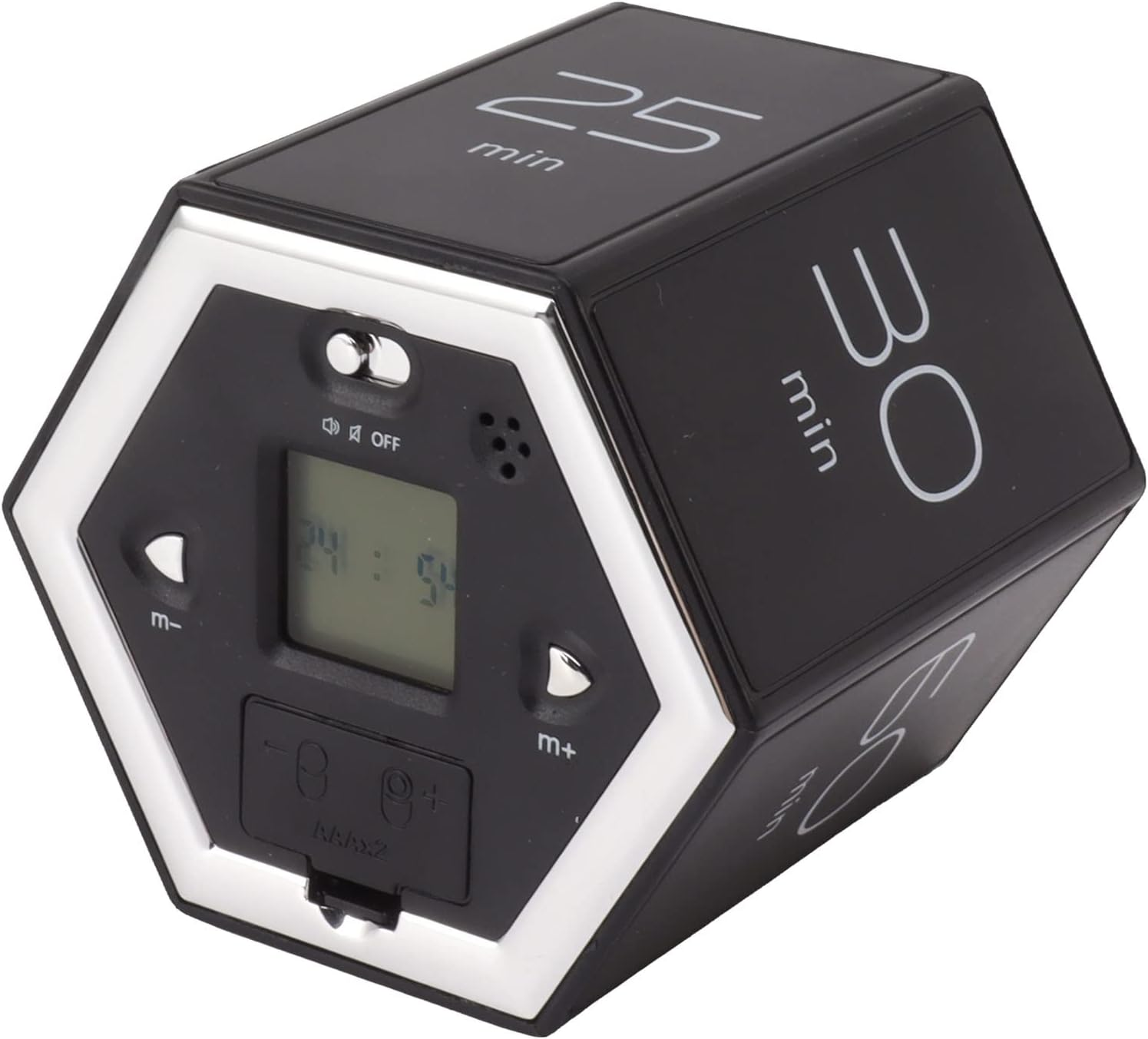 Ein schwarzer digitaler Timer mit Zahlen 25 und 30 auf den Seiten.