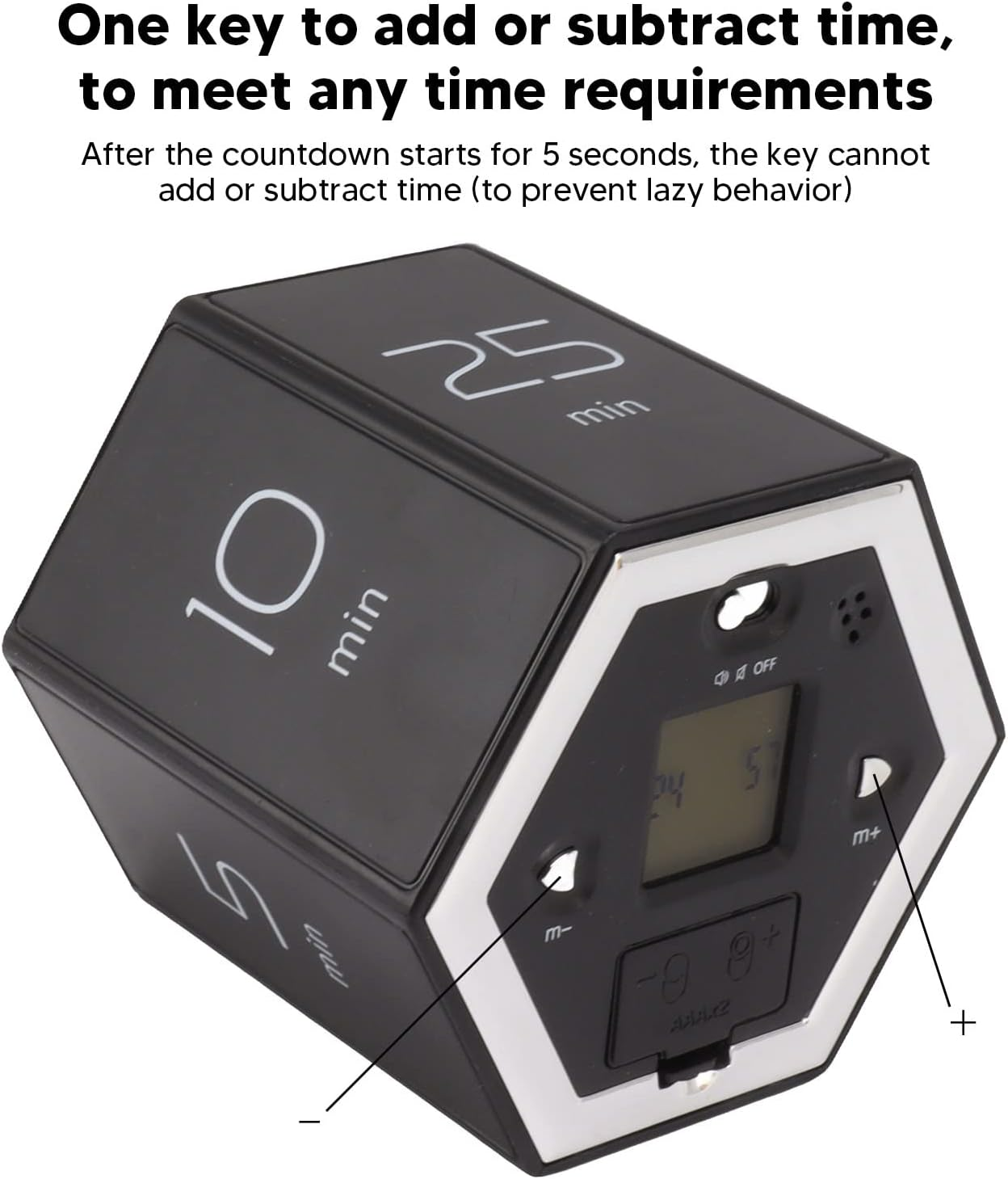 Schwarzer, sechseckiger Timer mit digitalen Anzeigen und Tasten.