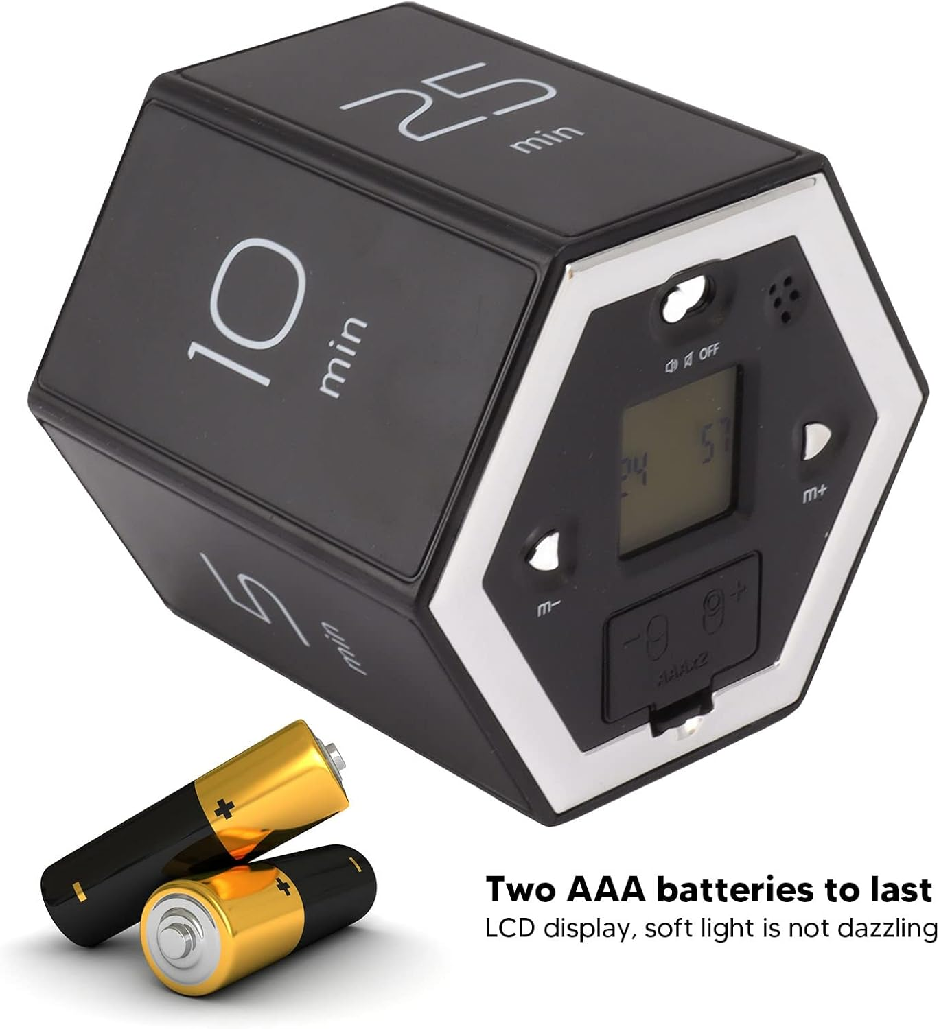 Schwarzer digitaler Timer mit 10, 25 Min. Aufschrift und Batterien.