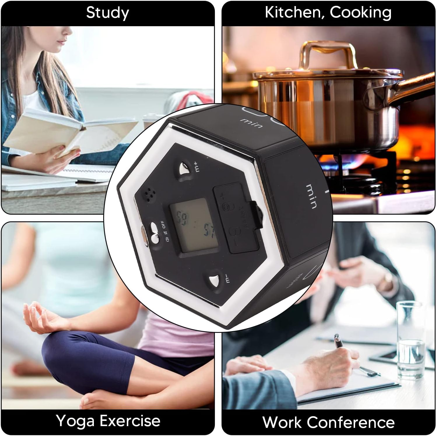 Collage von Aktivitäten: Lernen, Kochen, Yoga und Arbeitstreffen. Eine Zeitschaltuhr ist abgebildet.