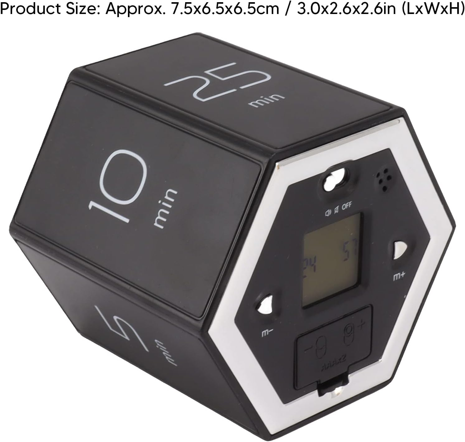 Schwarzer digitaler Timer mit Zahlen 10, 25 Min. LCD-Anzeige, Tasten.
