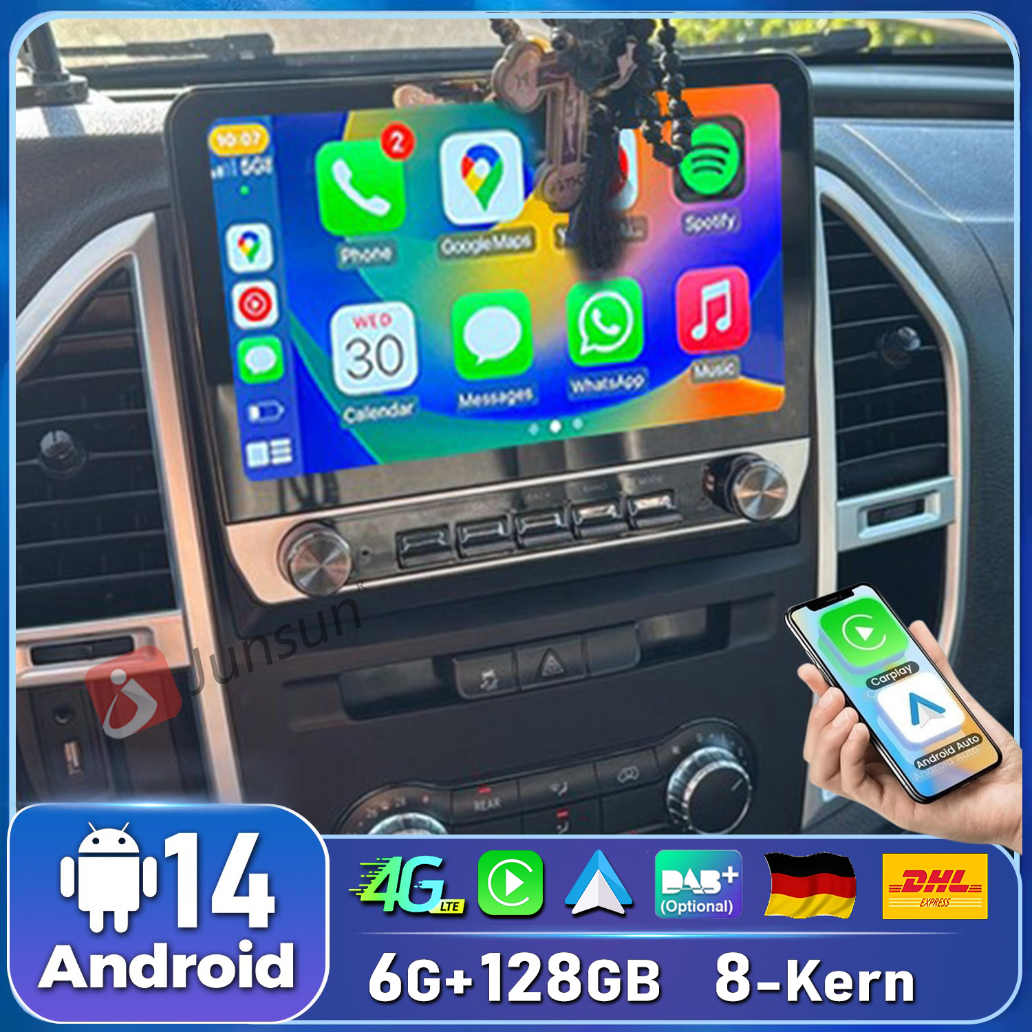 Ein Autoradio-Bildschirm zeigt Apps wie Telefon, Google Maps, Spotify, Kalender, Nachrichten, WhatsApp, Musik.