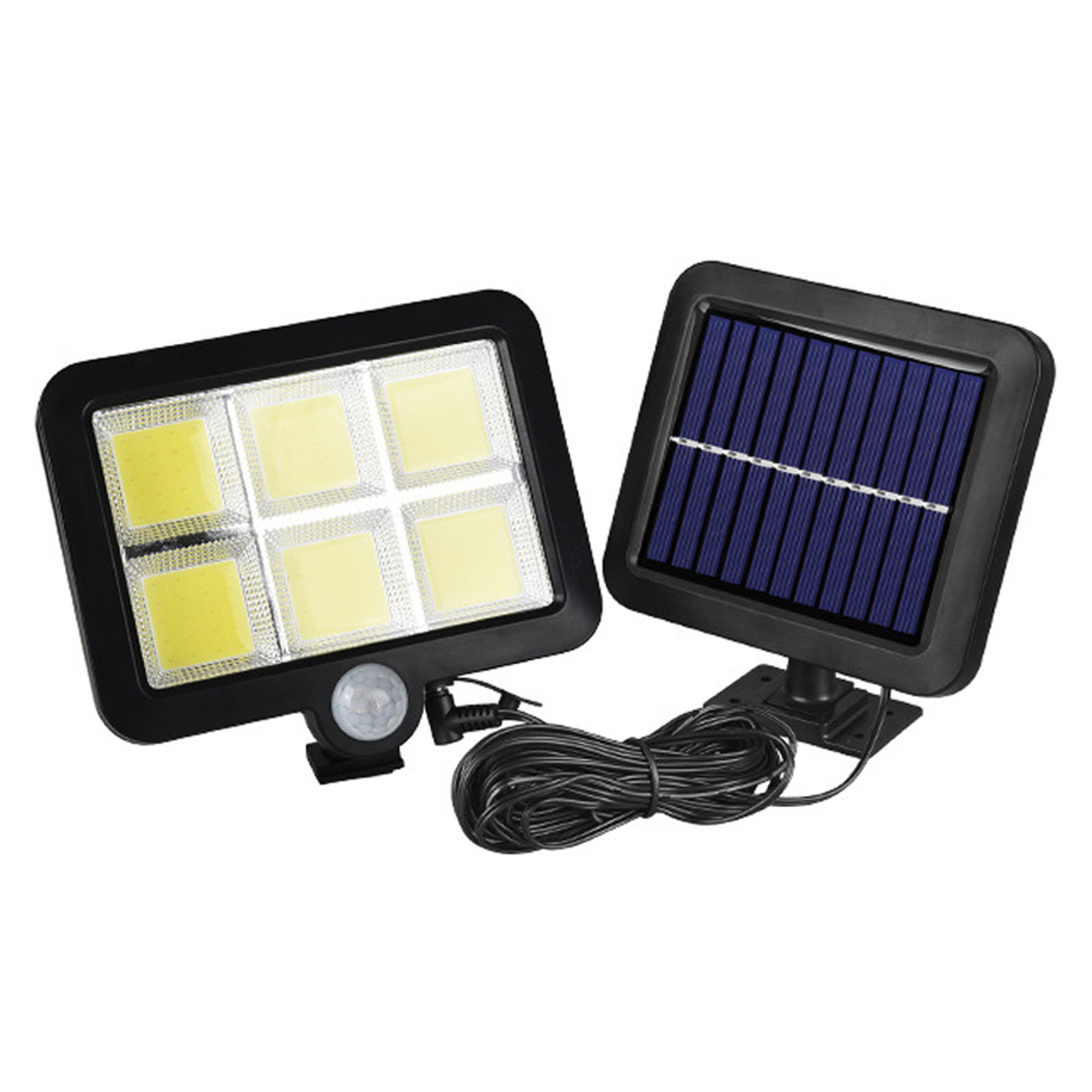 Solar-Außenleuchte mit Bewegungsmelder und separatem Solarpanel, verbunden durch Kabel.