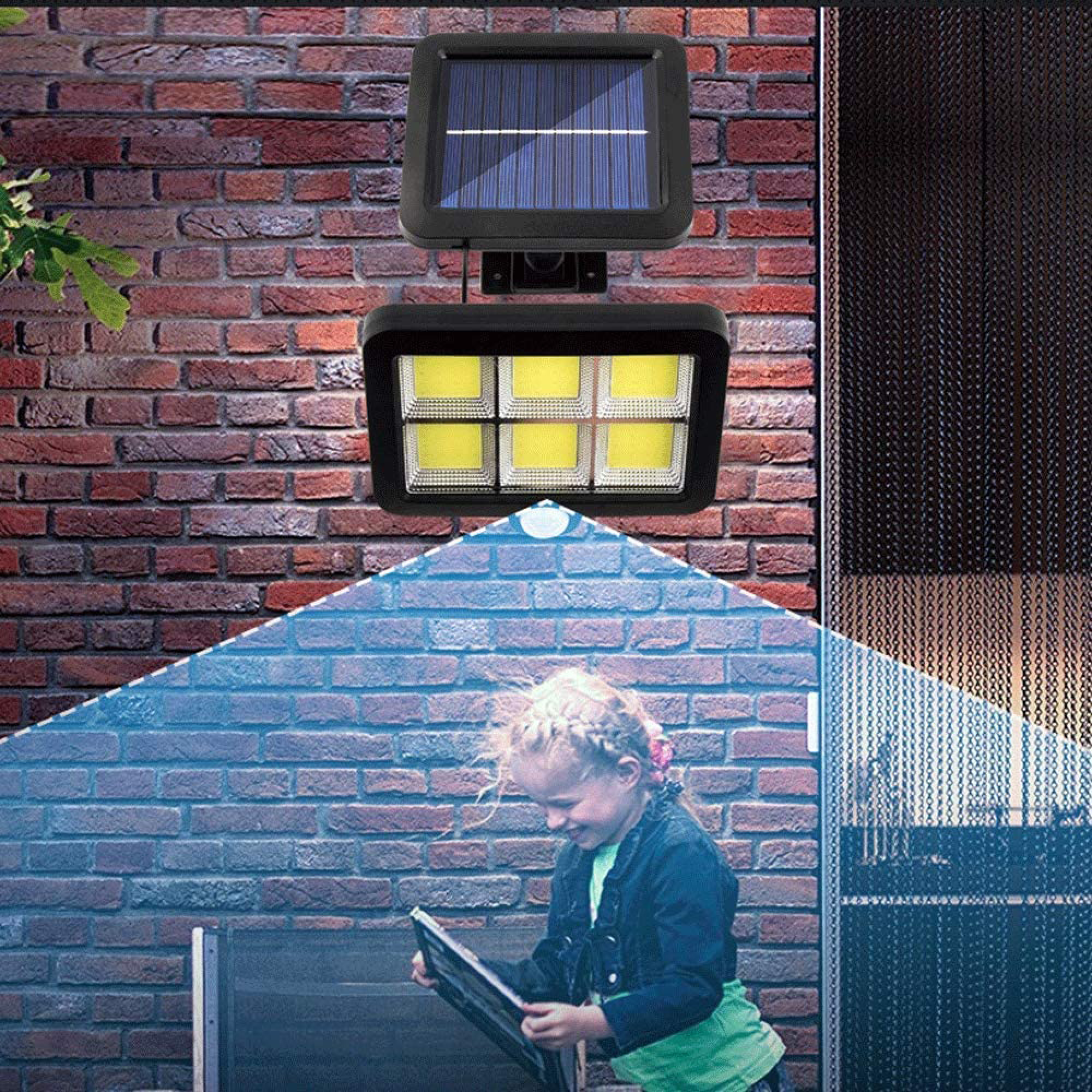 Ein Solarlicht beleuchtet ein Kind vor einer Ziegelwand.