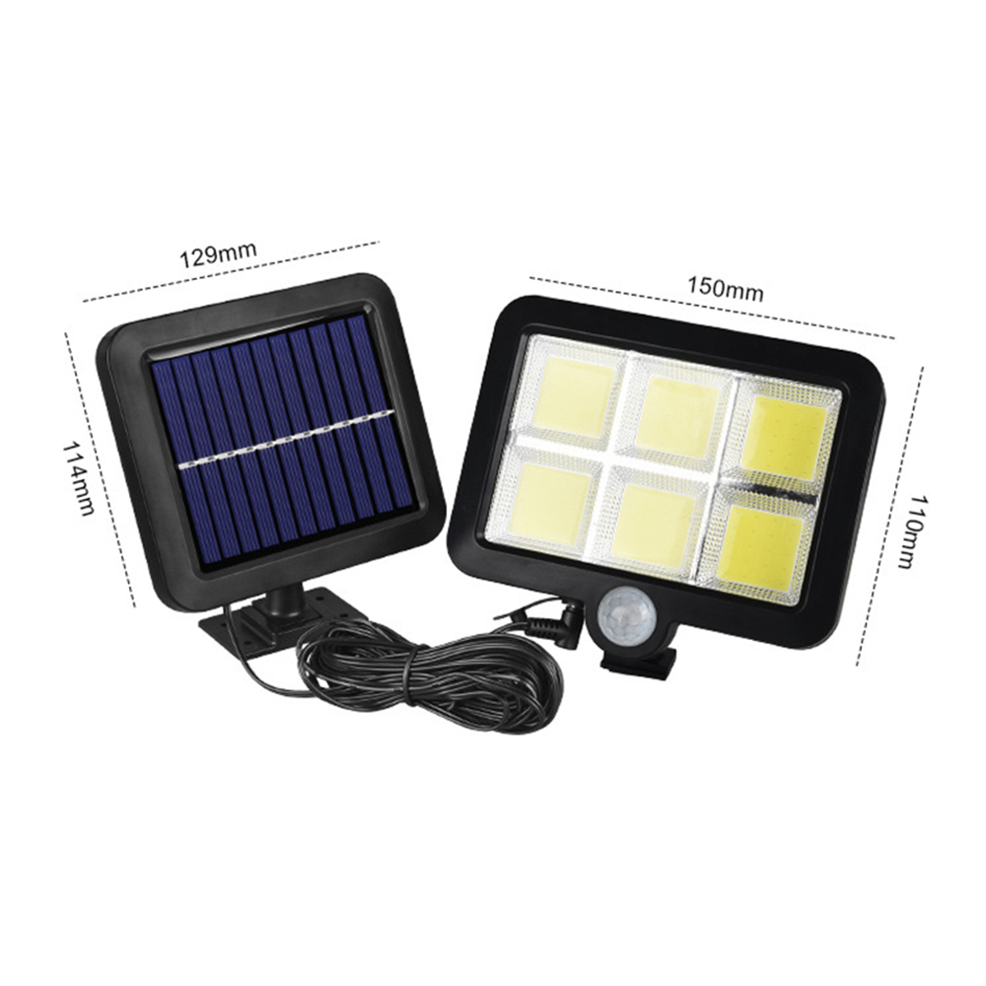 Solarpanel neben Lampe mit Bewegungssensor, mit Maßangaben.