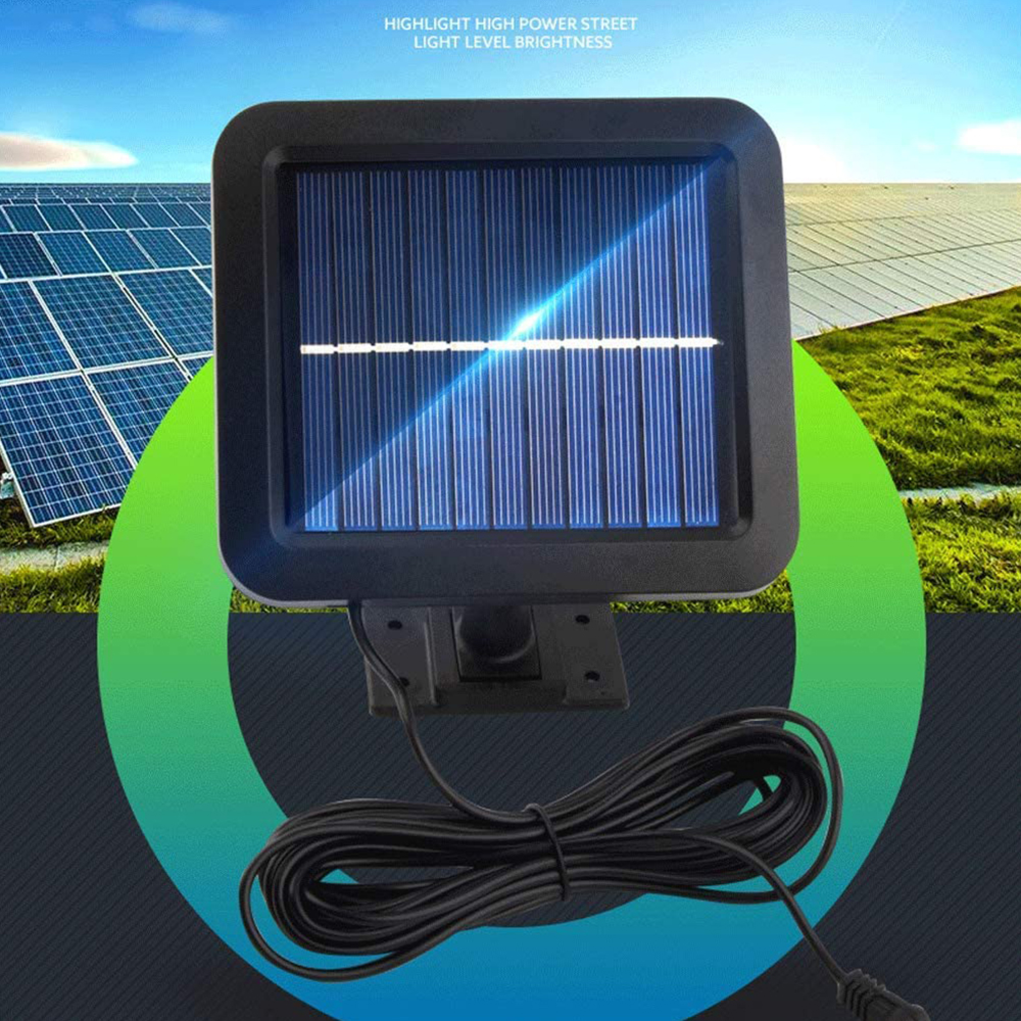Ein Solarpanel mit Kabel steht im Vordergrund, im Hintergrund Solaranlagen.
