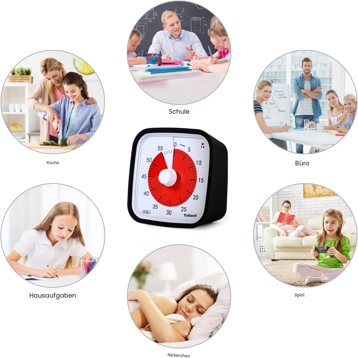 Ein Timer mit 6 runden Bildern: Schule, Büro, Spiel, Nickerchen, Hausaufgaben, Küche.