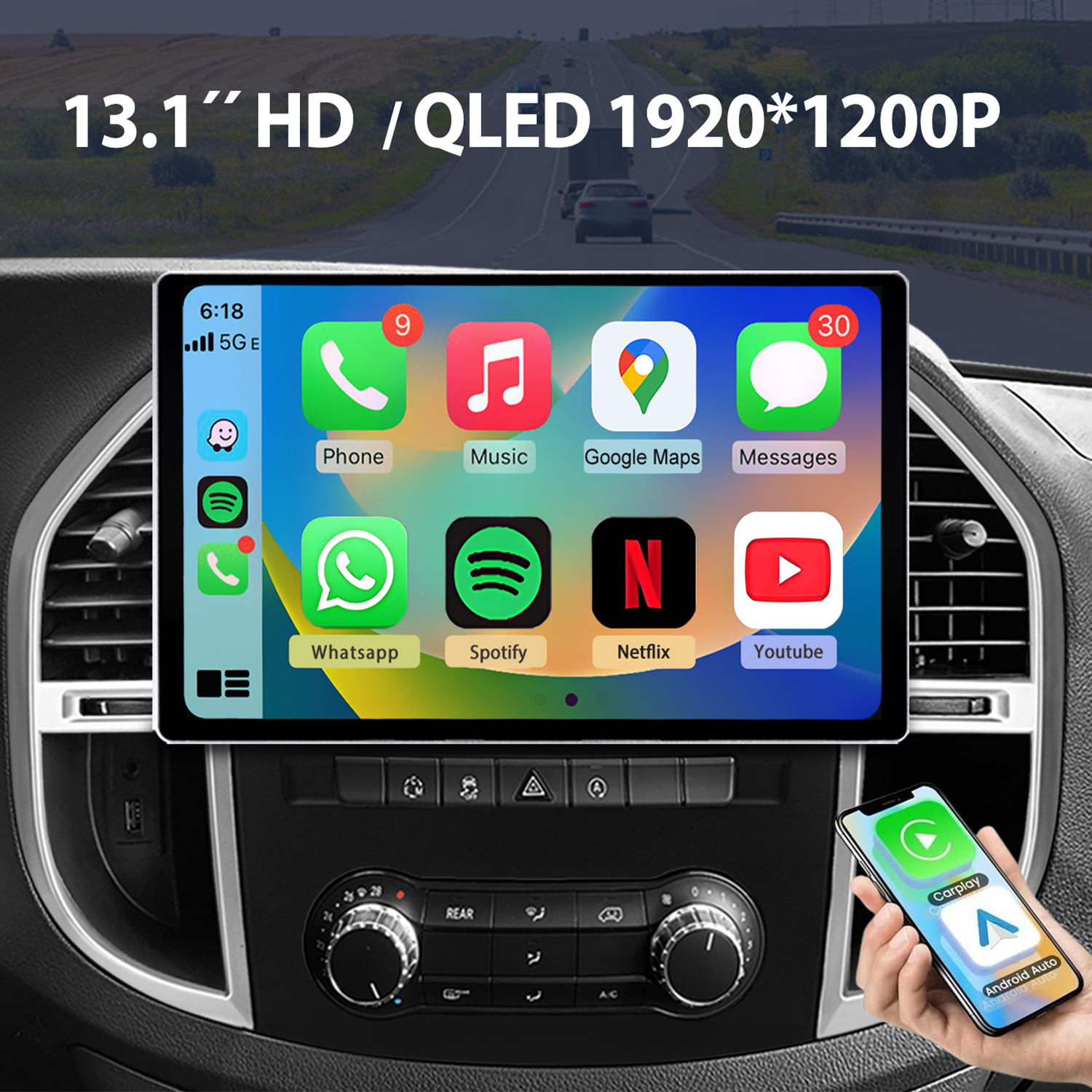 Ein Auto-Infotainment-Bildschirm zeigt App-Icons. Ein Handy liegt daneben.