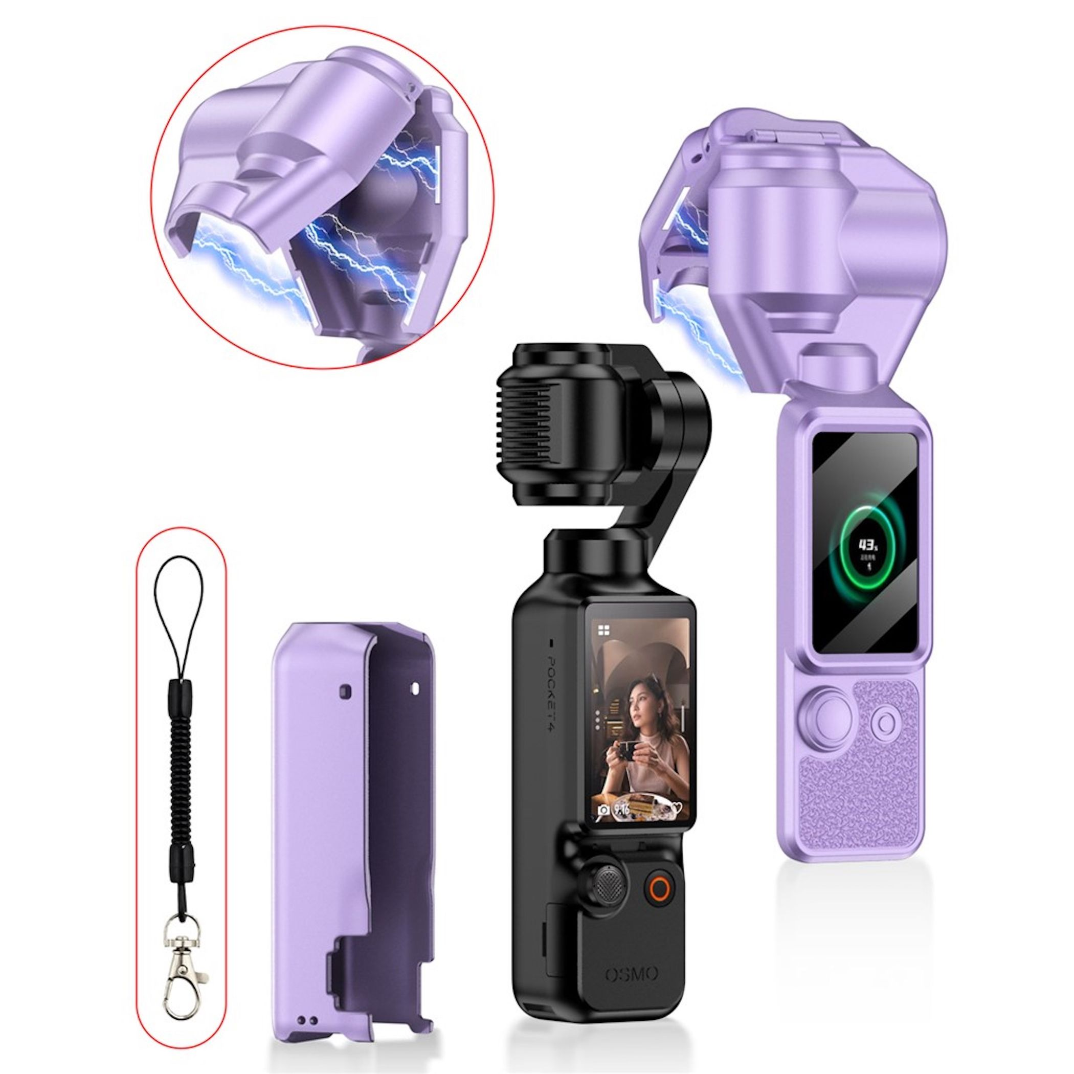 Ein schwarzer Gimbal, ein lila Gehäuse und ein Lanyard auf weißem Hintergrund.