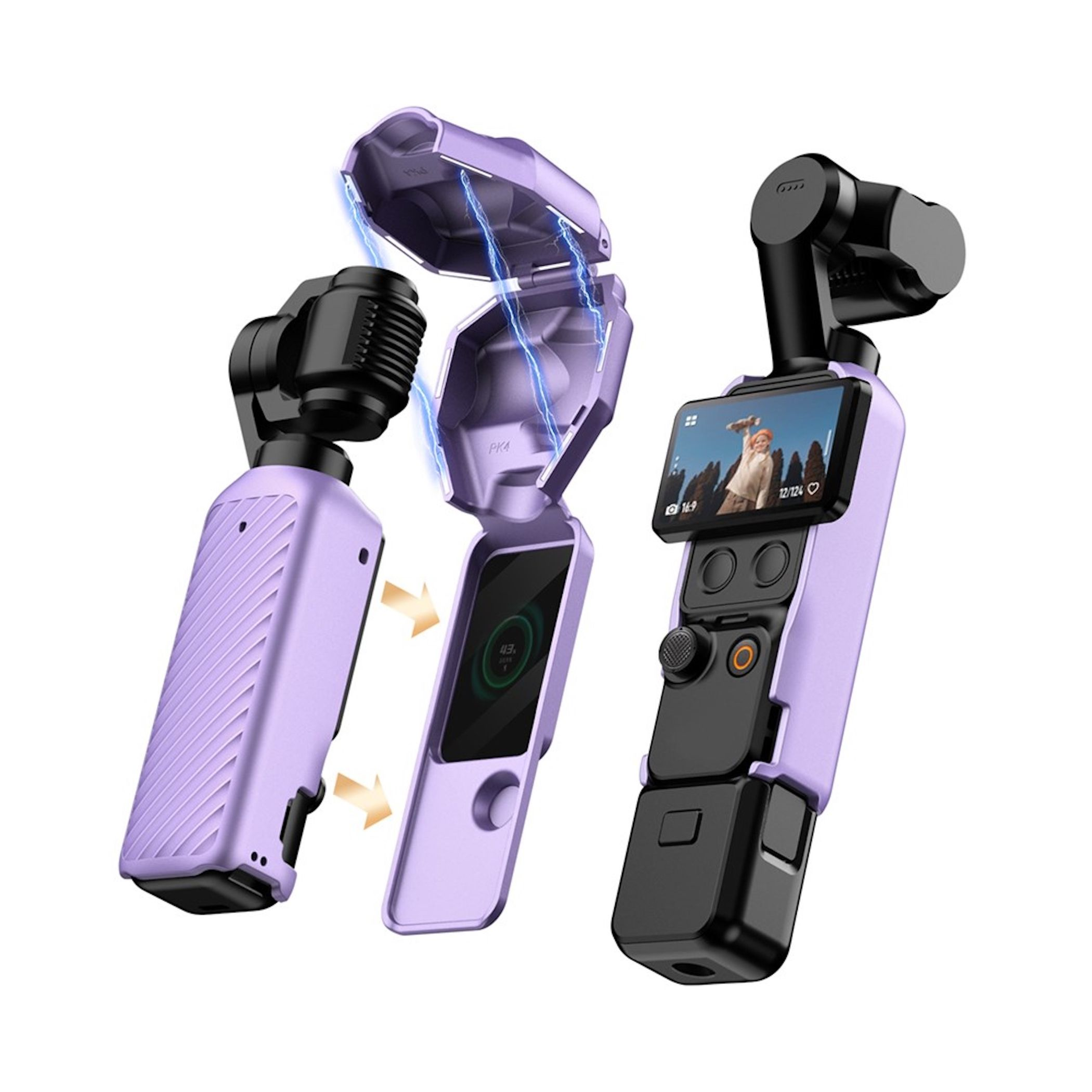 Ein lila Gimbal mit offenem Gehäuse und blauen Blitzen, daneben ein geschlossenes Gimbal.