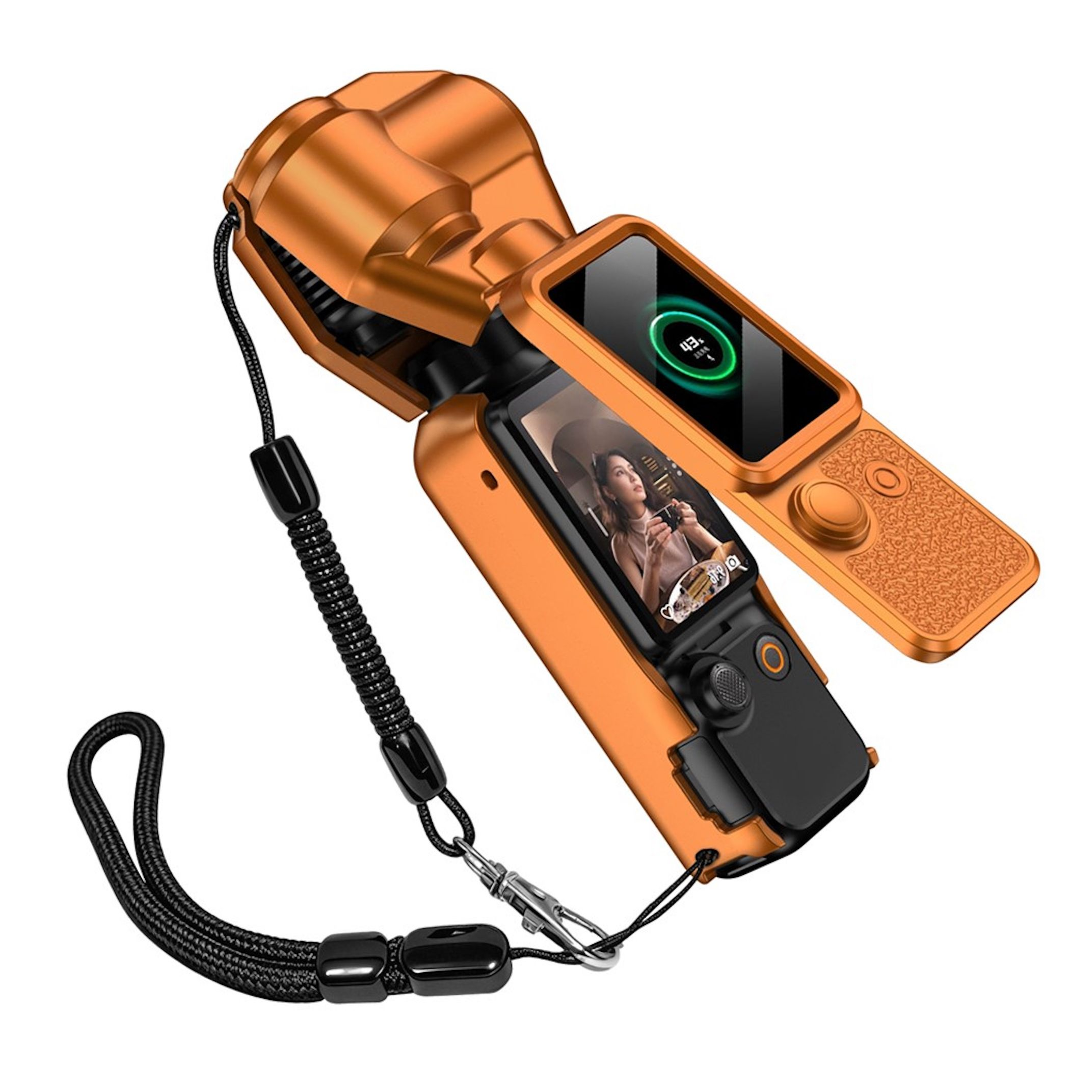 Orange Gimbal mit zwei Bildschirmen und einem Lanyard. Ein Bildschirm zeigt 43% Akku.
