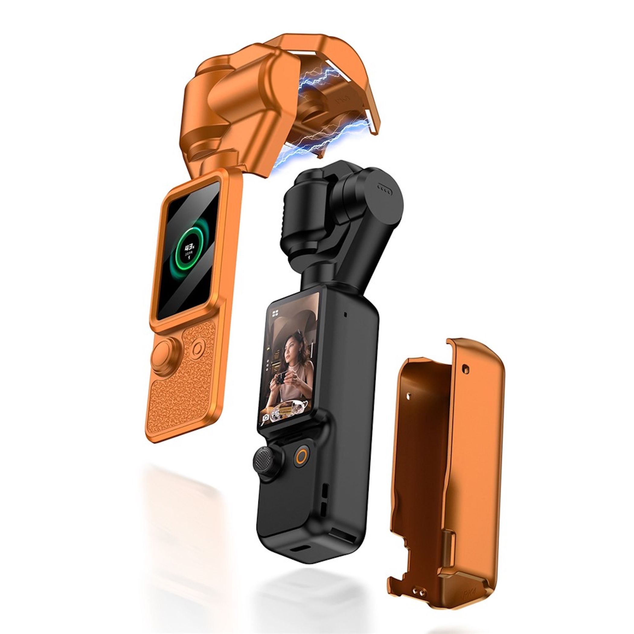 Ein schwarzer Gimbal-Stabilisator mit orangefarbener Hülle und Blitz-Effekt.