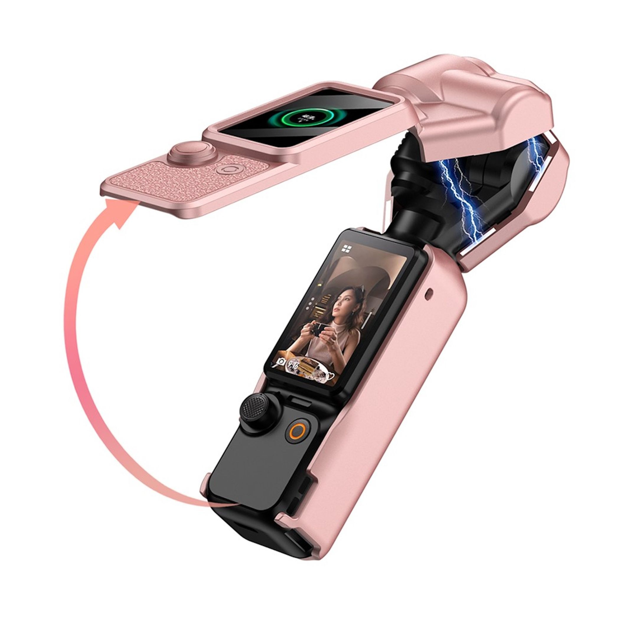 Ein roségoldener Gimbal mit zwei Bildschirmen und Blitzlichtern.