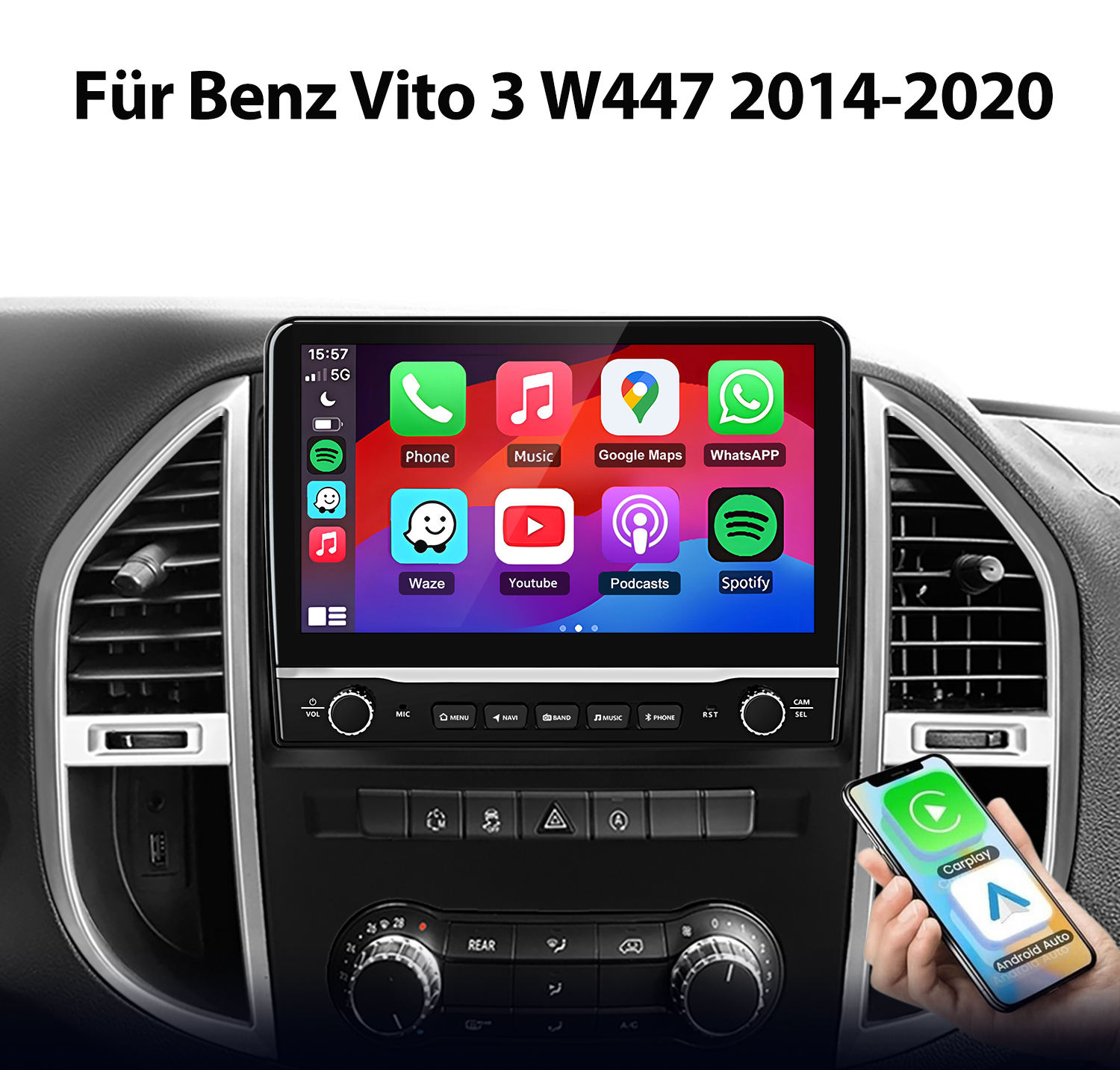 Ein Autoradio mit Touchscreen zeigt App-Icons. Eine Hand hält ein Smartphone mit CarPlay/Android Auto.