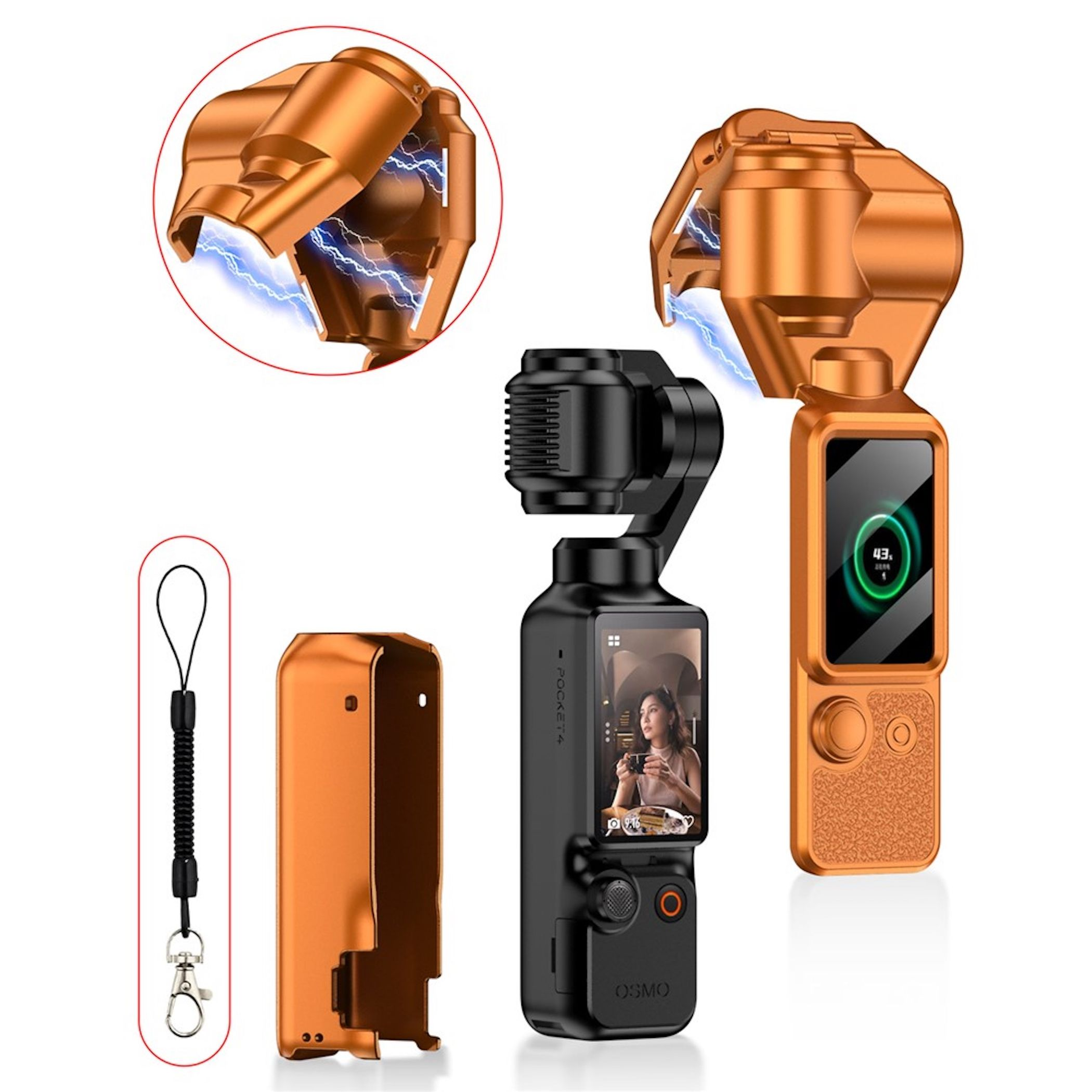 Orange Schutzhülle für DJI Osmo Pocket 3, mit Schnur und Kameras.
