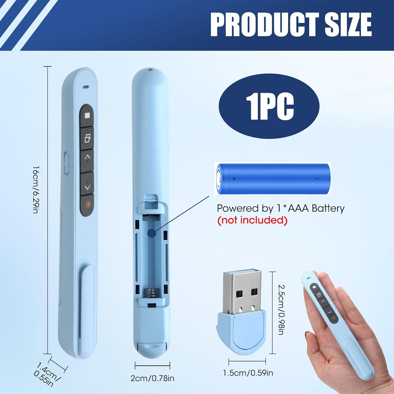 Hellblaues Präsentations-Clicker-Set mit USB-Empfänger, AAA-Batterie und Größenangaben.