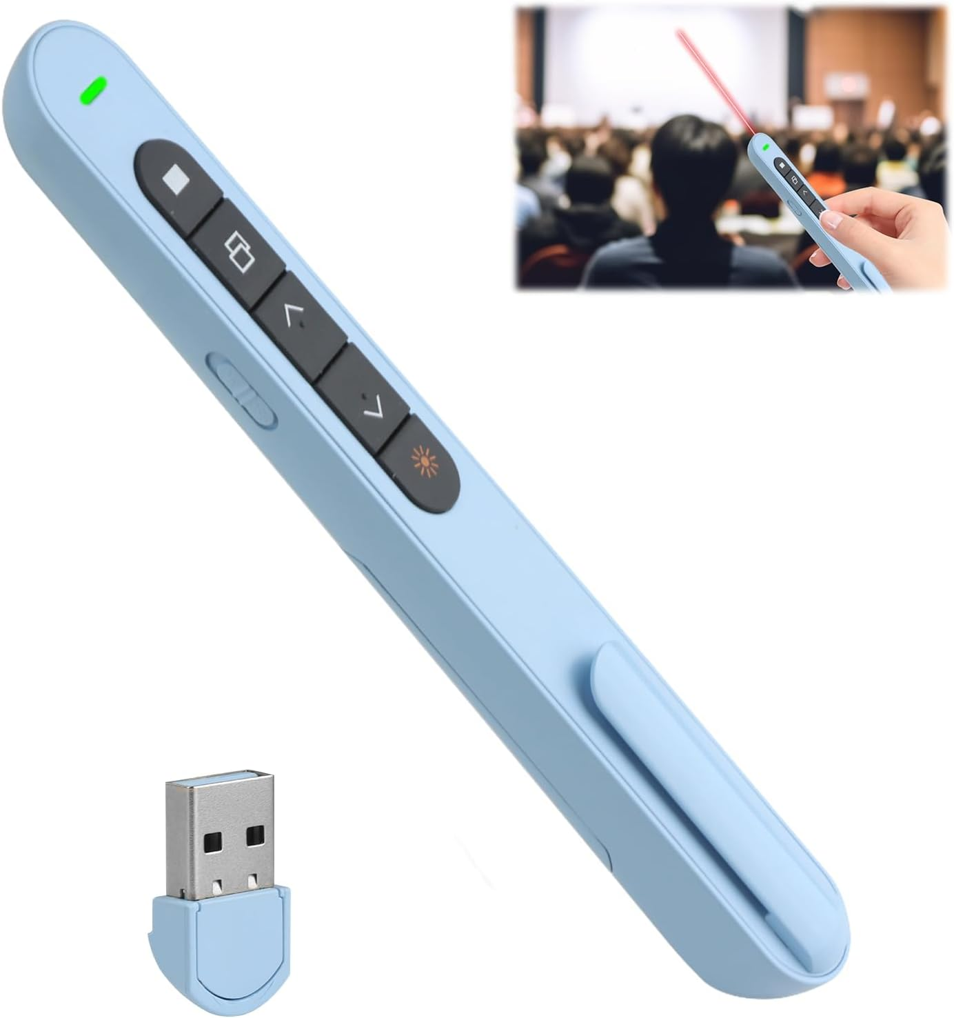 Ein hellblauer Präsentationsklicker mit USB-Empfänger und rotem Laserpointer.