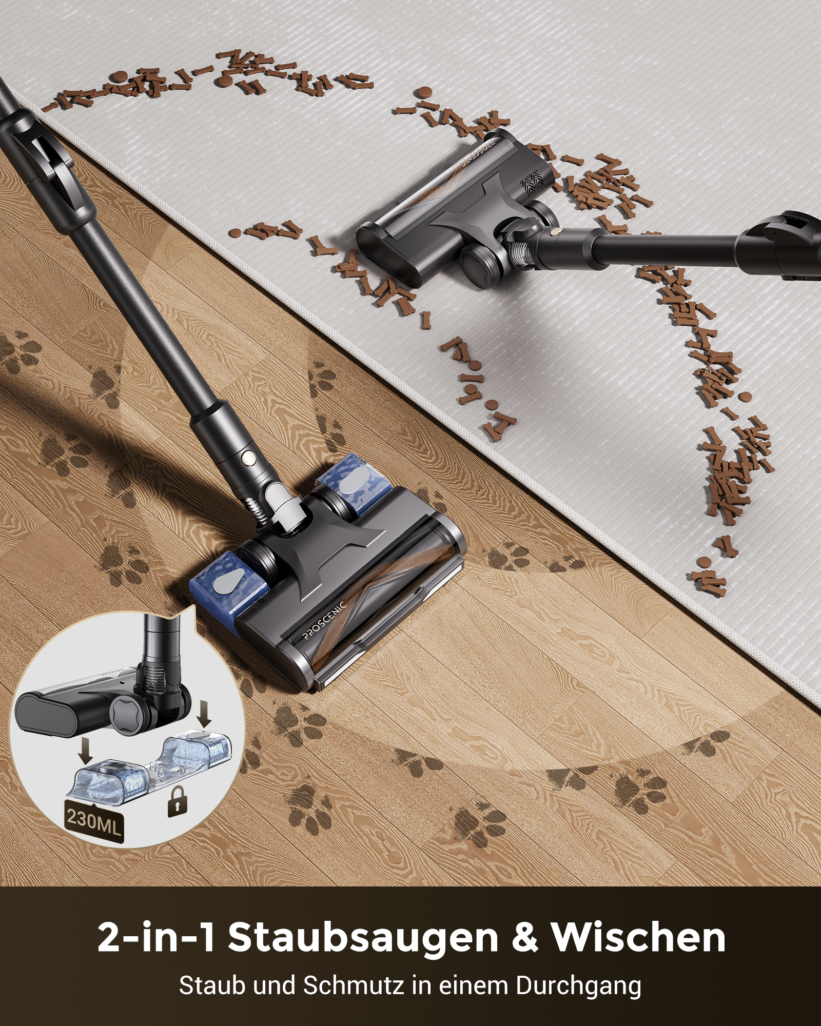 Ein Staubsauger reinigt Holz und Teppich von braunen Pellets und Pfotenabdrücken.