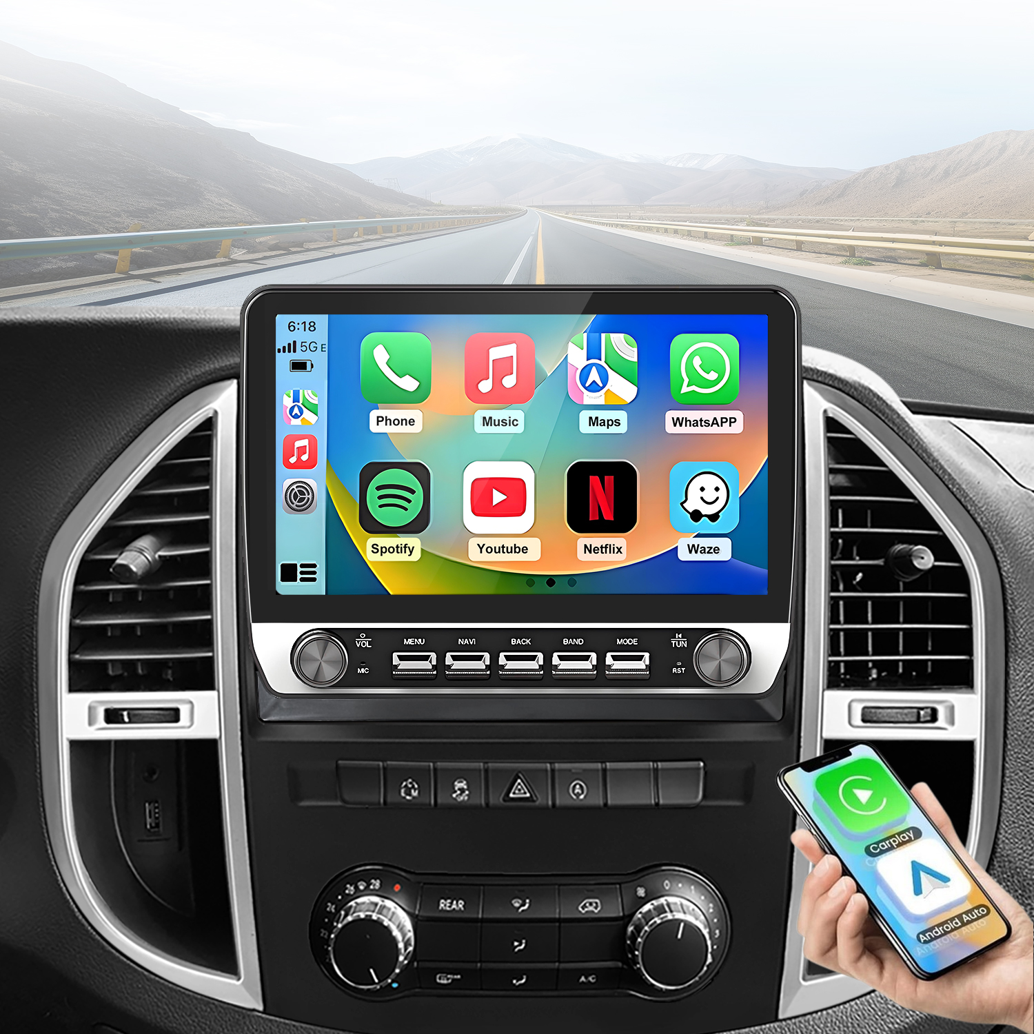Autodashbord zeigt Apps wie Telefon, Musik, Karten, Spotify, YouTube, Netflix, Waze.