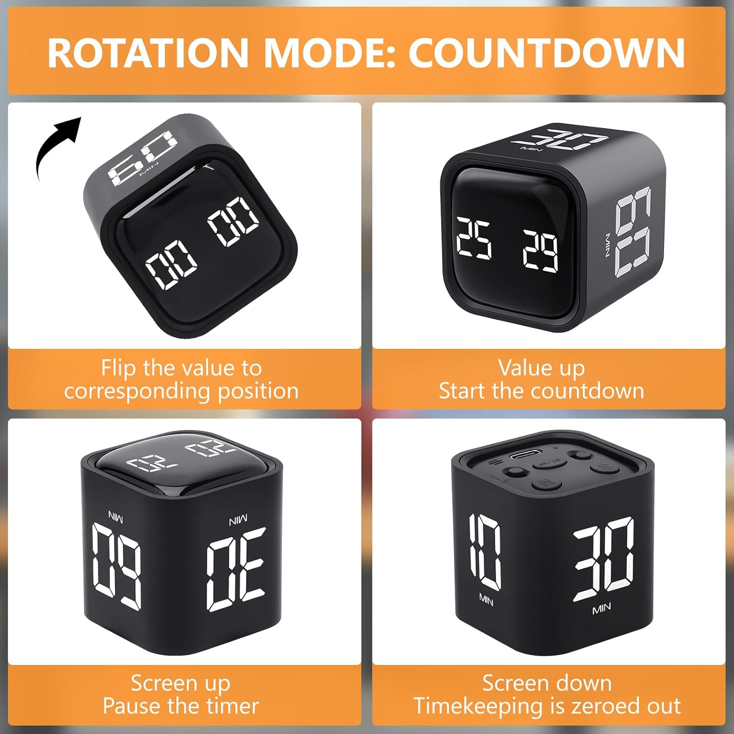 Ein schwarzer digitaler Timer mit vier Ansichten, die verschiedene Modi zeigen.